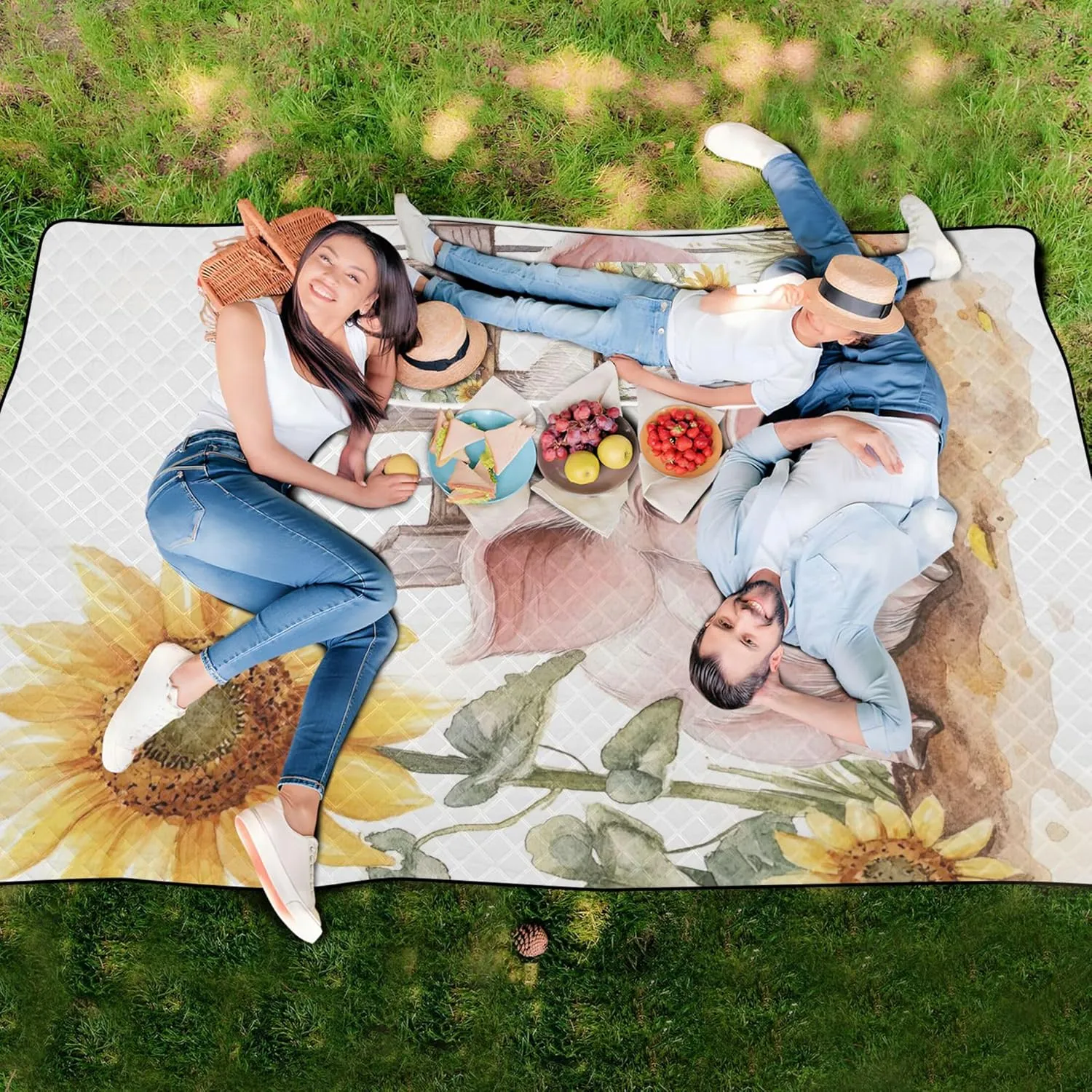 Cute Pig Sunflower Picnic Accessories Foldable Sand Free Beach Blanket Waterproof Floral Camping Blanket for Grass 80" x 60"