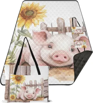 Cute Pig Sunflower Picnic Accessories Foldable Sand Free Beach Blanket Waterproof Floral Camping Blanket for Grass 80" x 60"