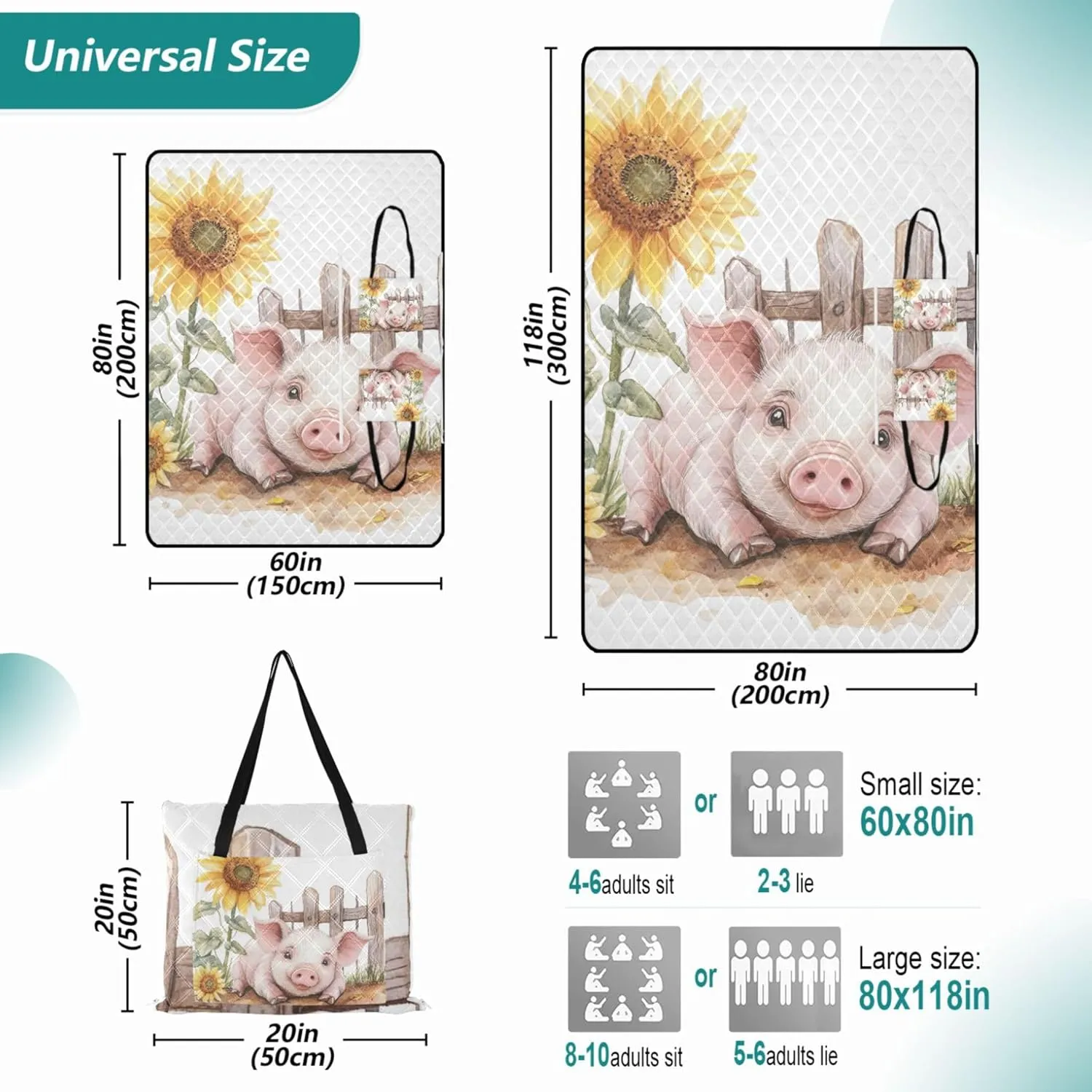 Cute Pig Sunflower Picnic Accessories Foldable Sand Free Beach Blanket Waterproof Floral Camping Blanket for Grass 80" x 60"