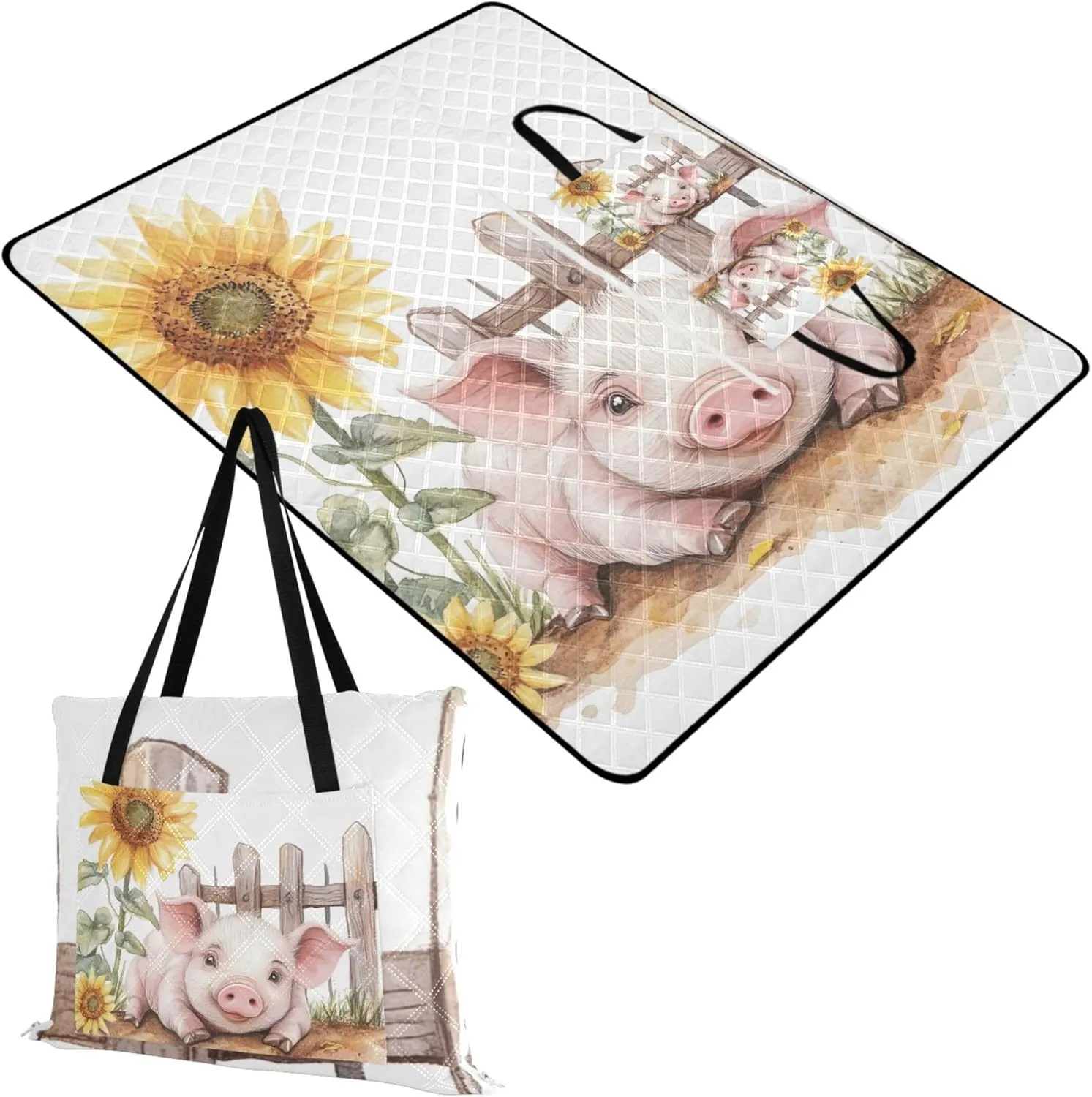 Cute Pig Sunflower Picnic Accessories Foldable Sand Free Beach Blanket Waterproof Floral Camping Blanket for Grass 80" x 60"