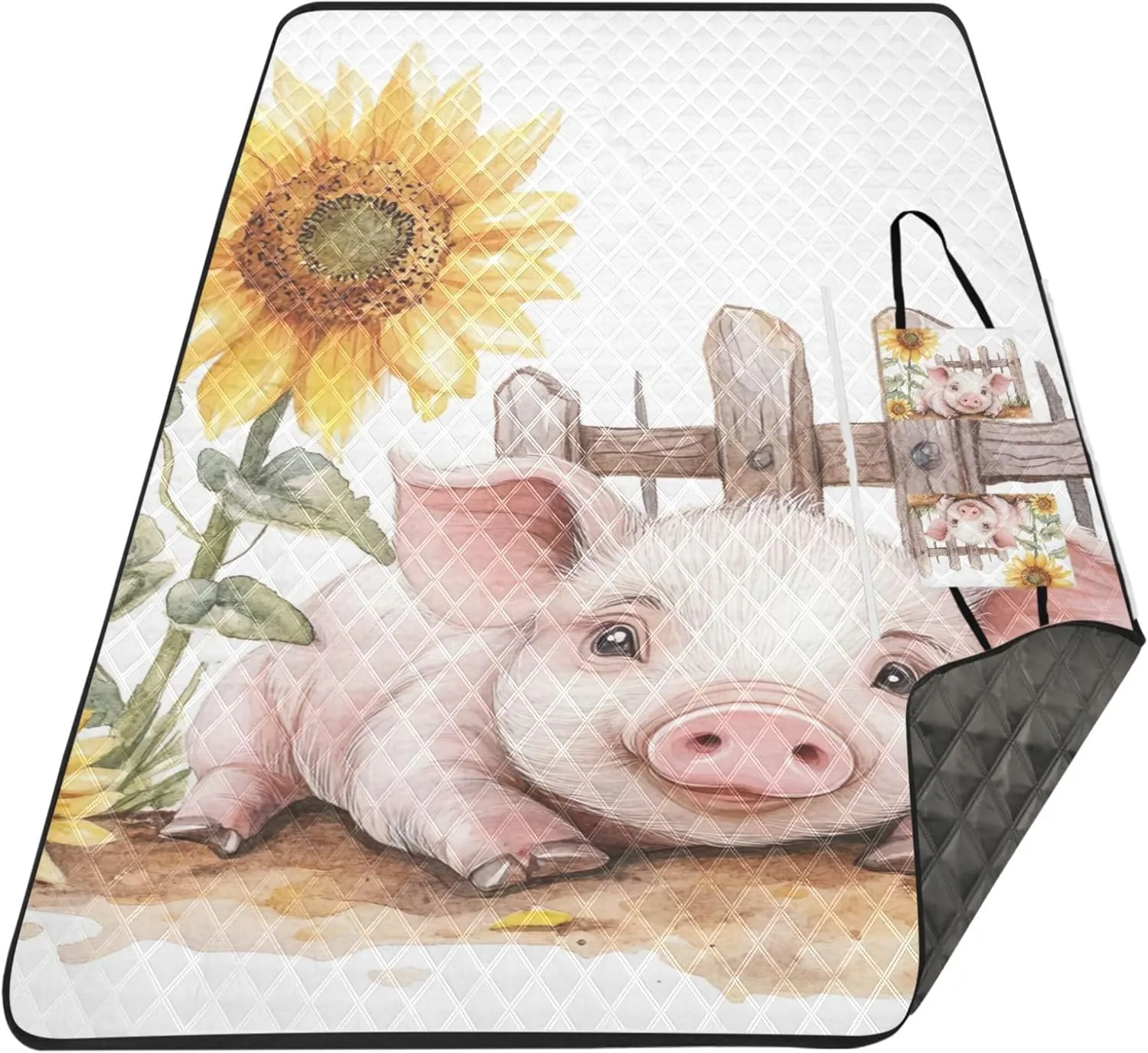 Cute Pig Sunflower Picnic Accessories Foldable Sand Free Beach Blanket Waterproof Floral Camping Blanket for Grass 80" x 60"