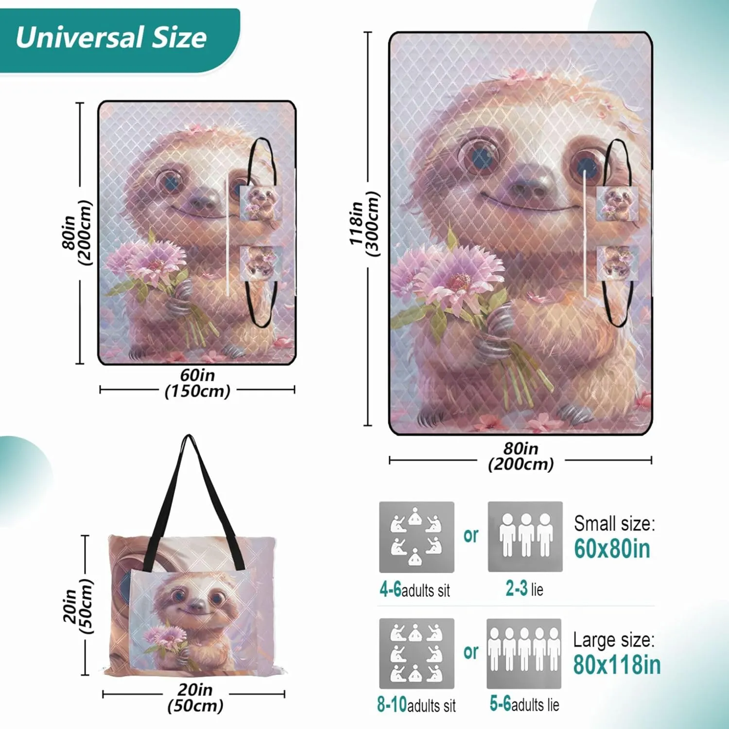 Cute Sloth Cartoon Sand Blankets for Beach Sandproof Cute Picnic Blanket Foldable Print Camping Blankets for Grass 80" x 60"