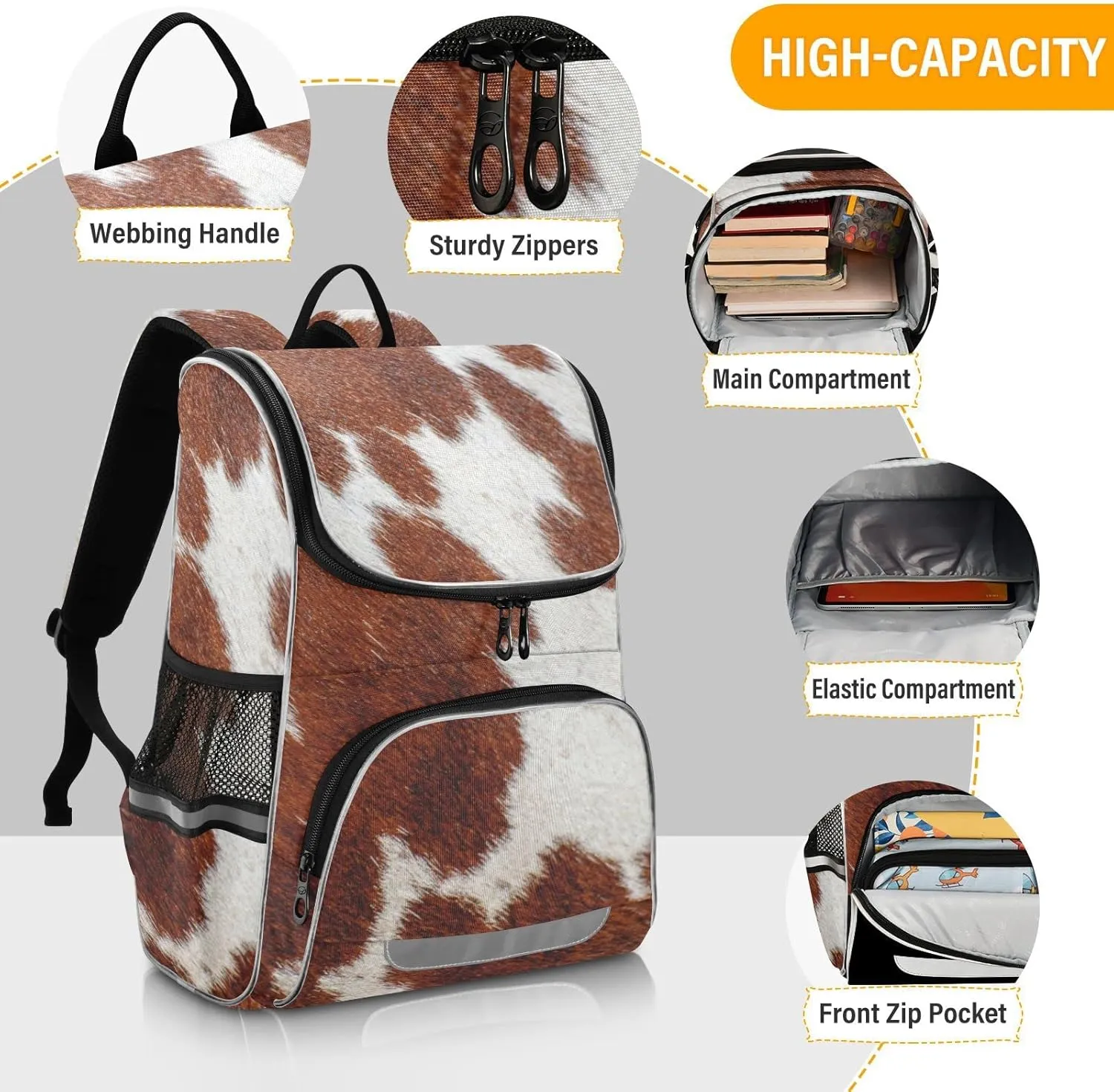 Dairy Cow Skin Print Large Backpacks, Creative Bookbag Lightweight Laptop Computer Bags Durable Travel Casual Daypacks for Teens Colloge Work Business Hiking 16 Inch