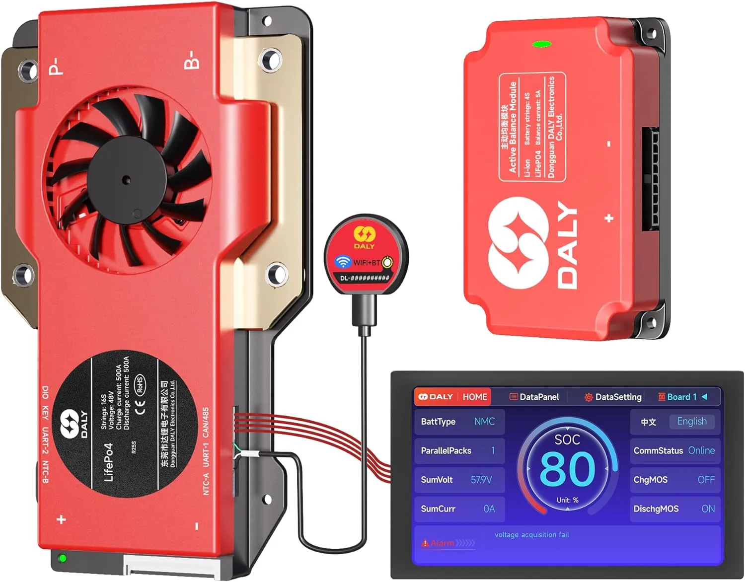 DALY BMS Balance 48V 500A Display - 5A Active Balance BMS 16S with 4.3 Inch LCD Touch Screen WiFi Bluetooth Module Supports RS485 CAN for LiFePO4 Battery Pack Golf Carts Electric Outboard Motors Solar