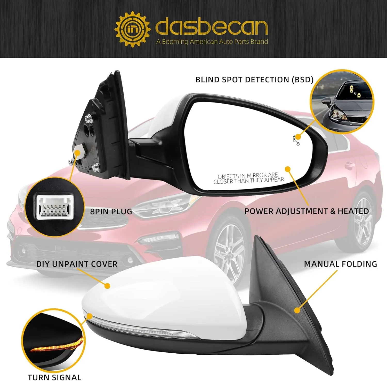 Dasbecan Right Passenger Side Mirror DIY Paintable Compatible With 2019-2024 KIA Forte View Mirror With Power Glass/Heated/Turn Signal/Blind Spot/Manual Folding KI1321225 87620M7070 (8Pins)