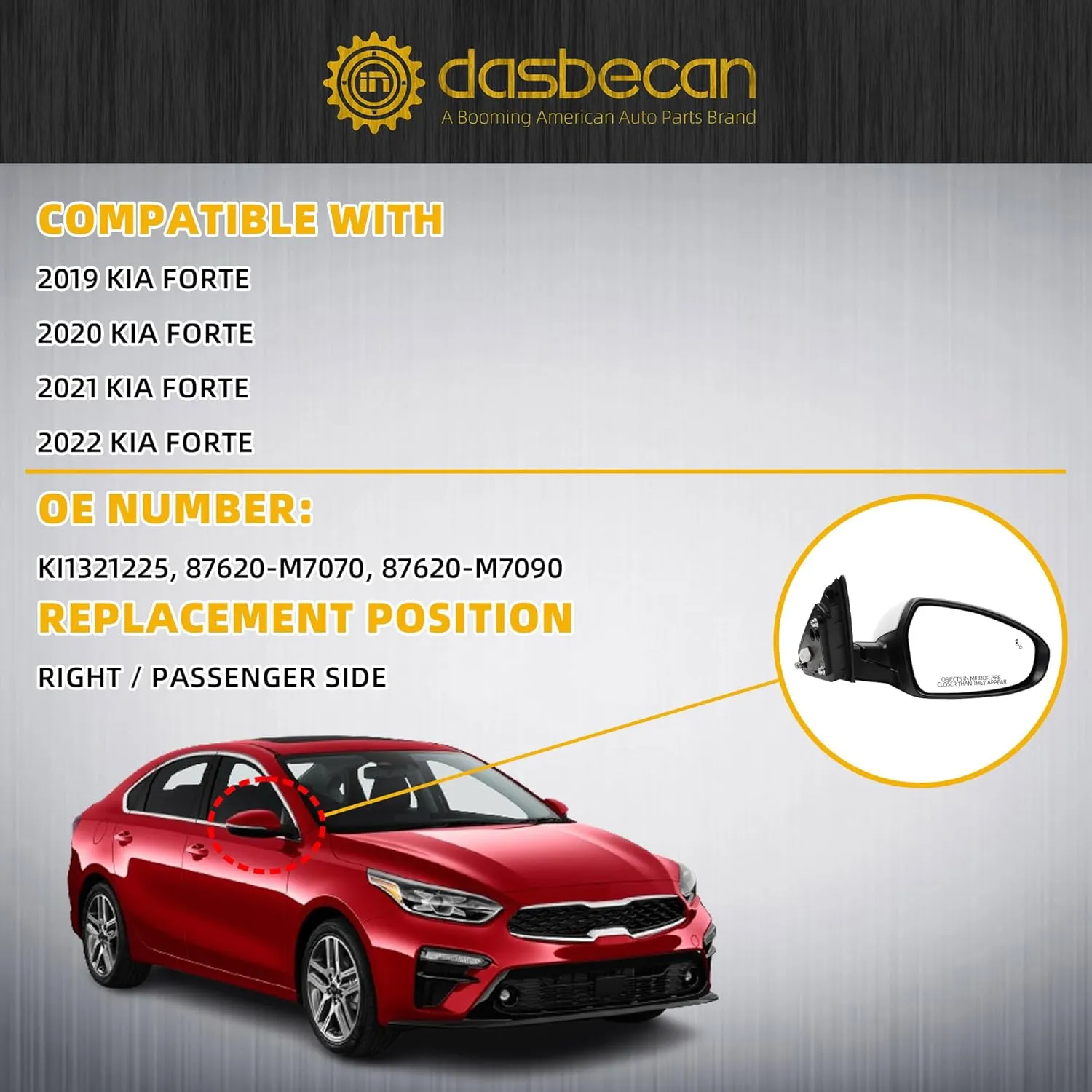 Dasbecan Right Passenger Side Mirror DIY Paintable Compatible With 2019-2024 KIA Forte View Mirror With Power Glass/Heated/Turn Signal/Blind Spot/Manual Folding KI1321225 87620M7070 (8Pins)