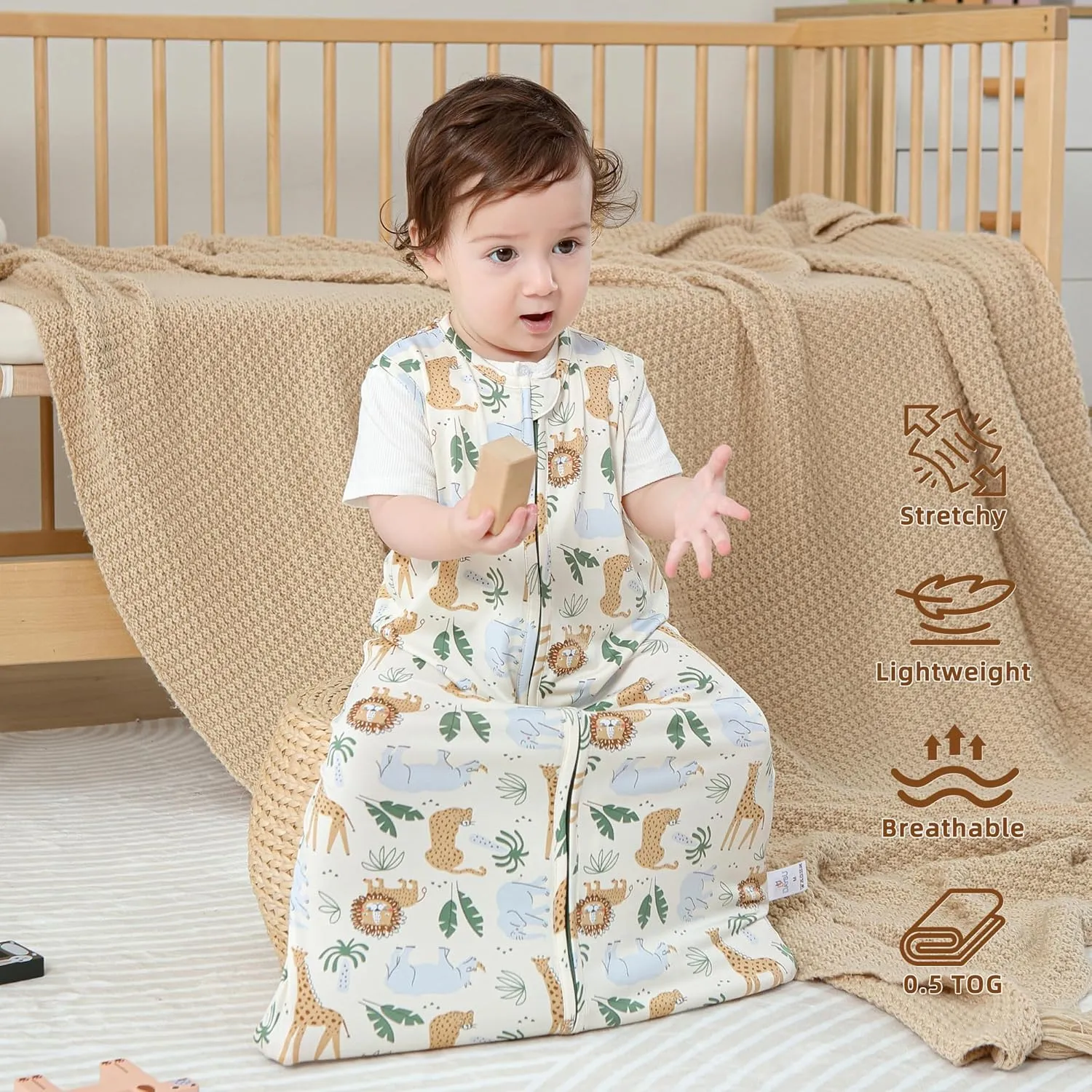 DaysU Baby Sleep Sack 6-12 Months Stretchy, Baby Boy Wearable Blanket 2-Way Zipper TOG 0.5, Breathable Lightweight Baby Sleeping Bag 2 Pack, Jungle & Leaf, Medium
