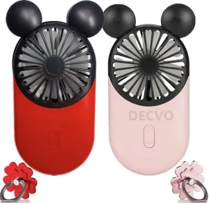 DECVO Cute Personal Mini Fan, Handheld & Portable USB Rechargeable Fan with Beautiful LED Light, 3 Adjustable Speeds, Portable Holder, for Indoor Or Outdoor Activities, Cute Mouse 2 Pack (Red Pink)
