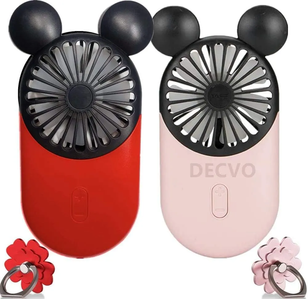DECVO Cute Personal Mini Fan, Handheld & Portable USB Rechargeable Fan with Beautiful LED Light, 3 Adjustable Speeds, Portable Holder, for Indoor Or Outdoor Activities, Cute Mouse 2 Pack (Red Pink)