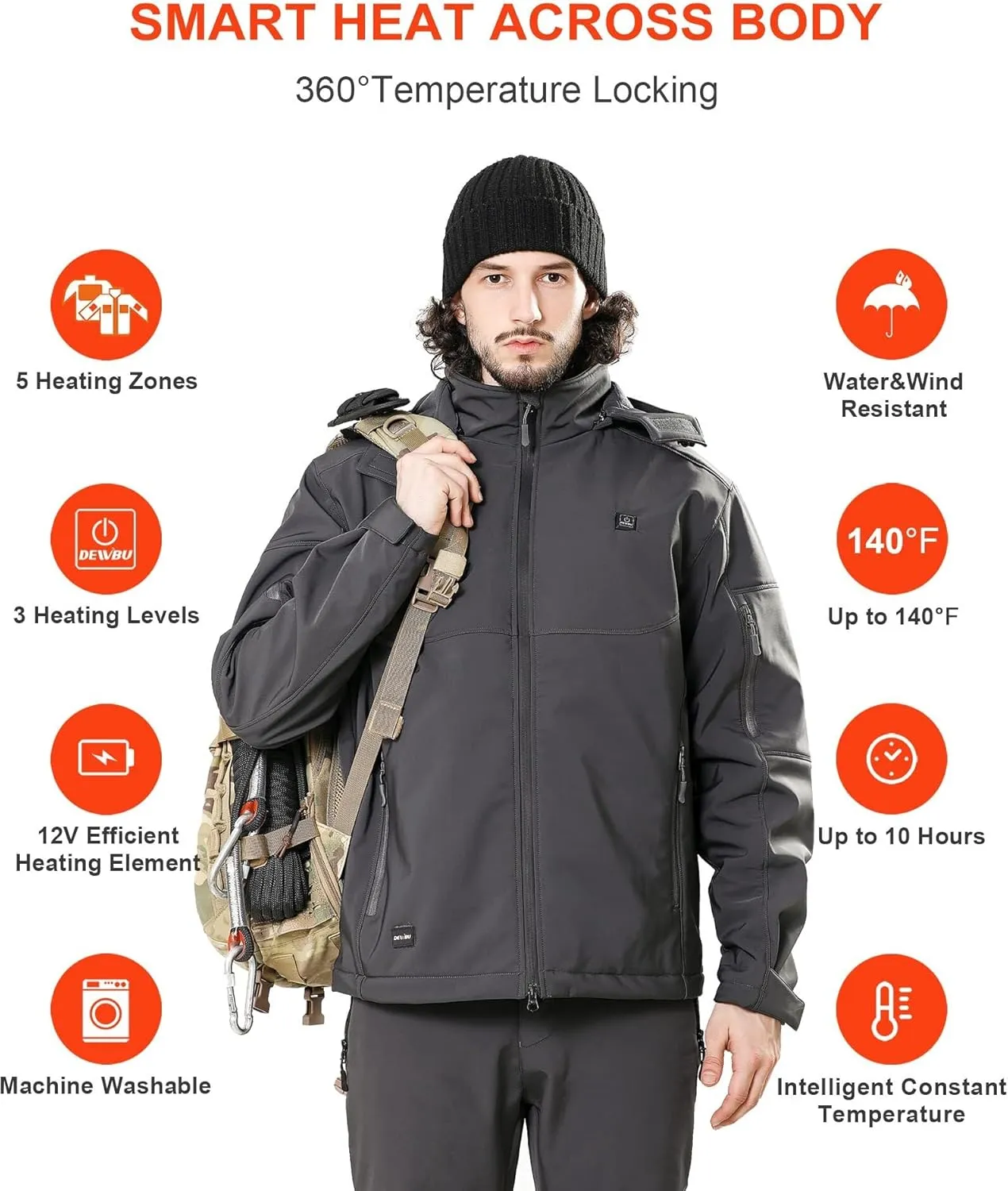 DEWBU Soft Shell Heated Jacket for Men with 12V Battery Pack and Detachable Hood Outdoor Electric Heating Coat