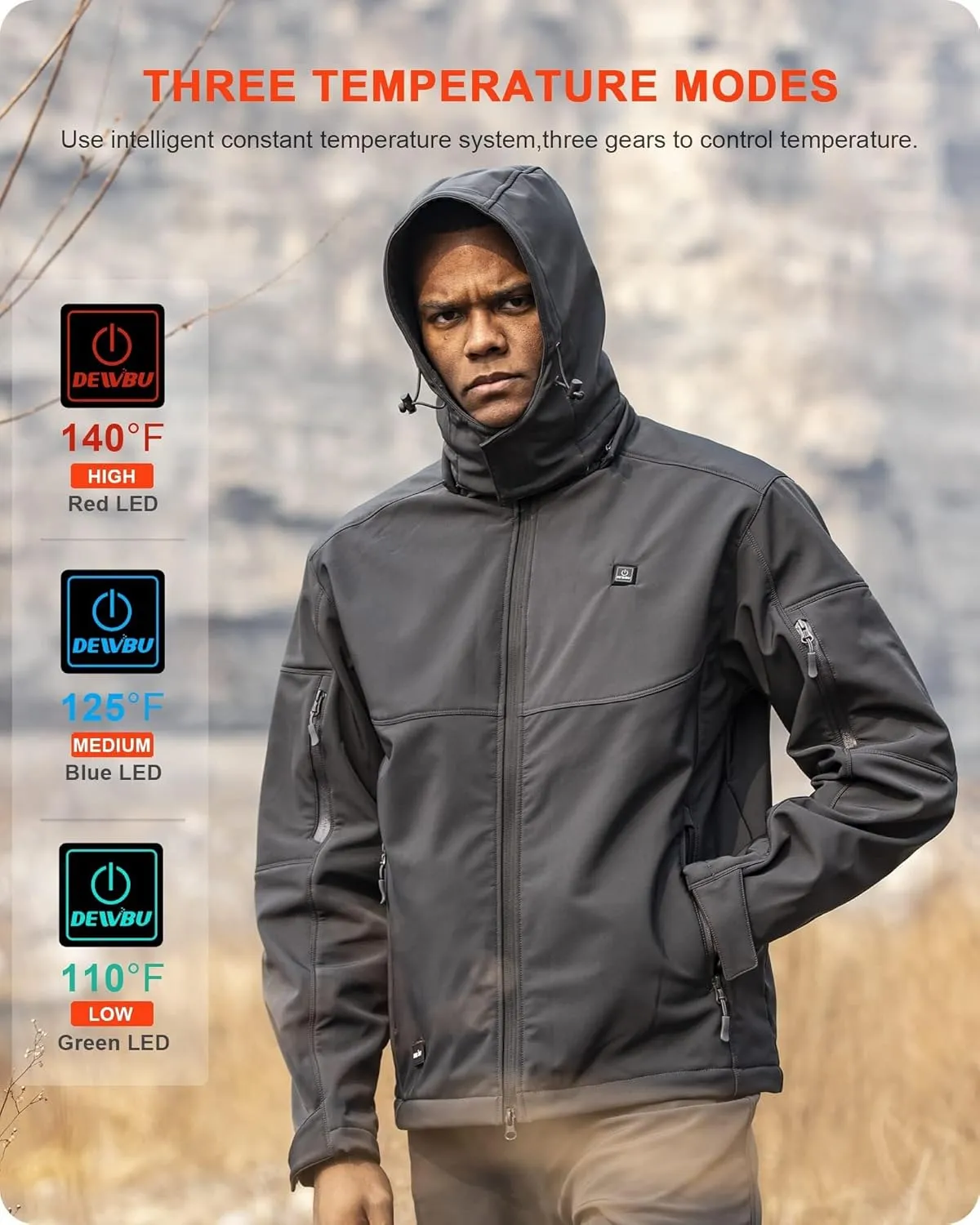 DEWBU Soft Shell Heated Jacket for Men with 12V Battery Pack and Detachable Hood Outdoor Electric Heating Coat