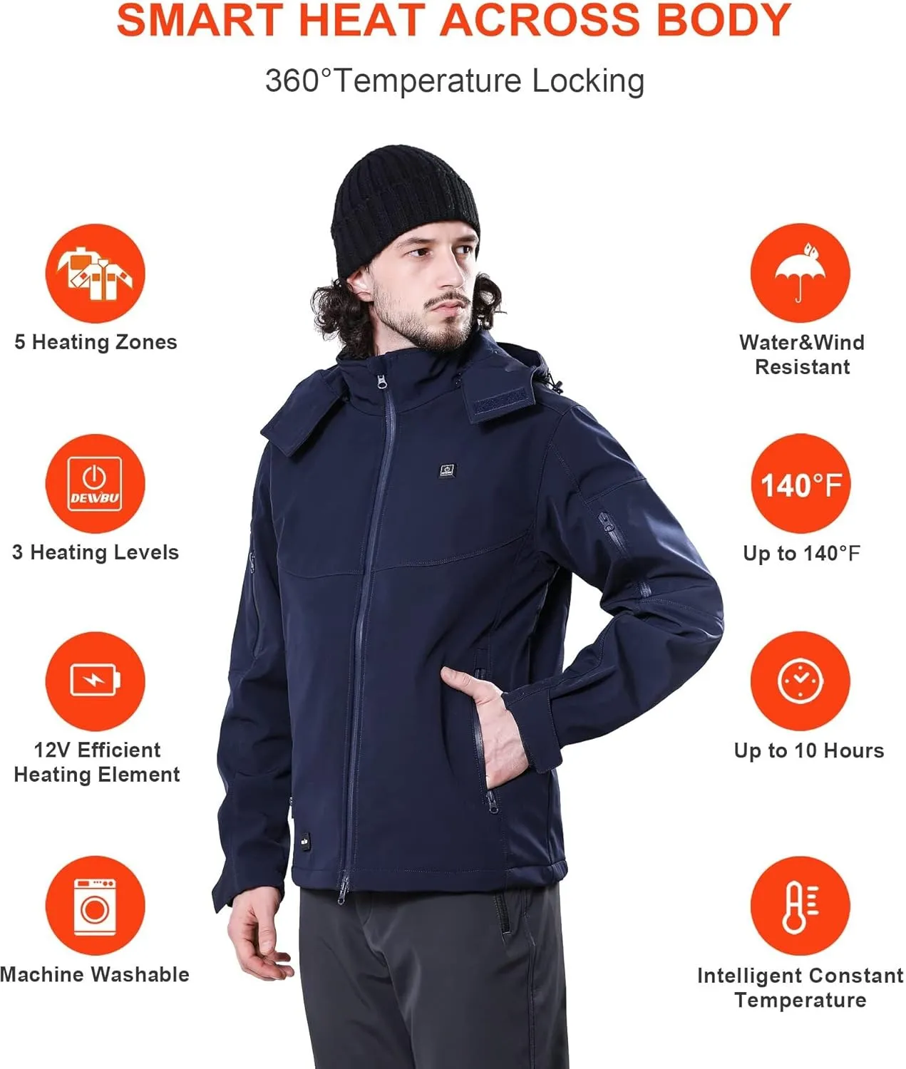 DEWBU Soft Shell Heated Jacket for Men with 12V Battery Pack and Detachable Hood Outdoor Electric Heating Coat