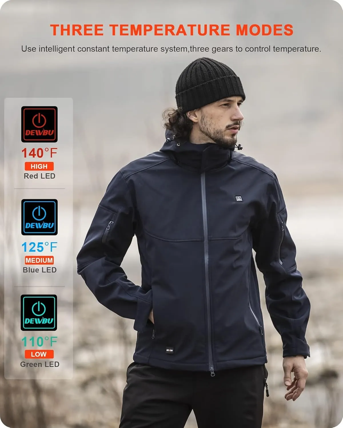 DEWBU Soft Shell Heated Jacket for Men with 12V Battery Pack and Detachable Hood Outdoor Electric Heating Coat