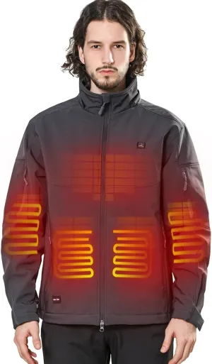 DEWBU Soft Shell Heated Jacket for Men with 12V Battery Pack and Detachable Hood Outdoor Electric Heating Coat