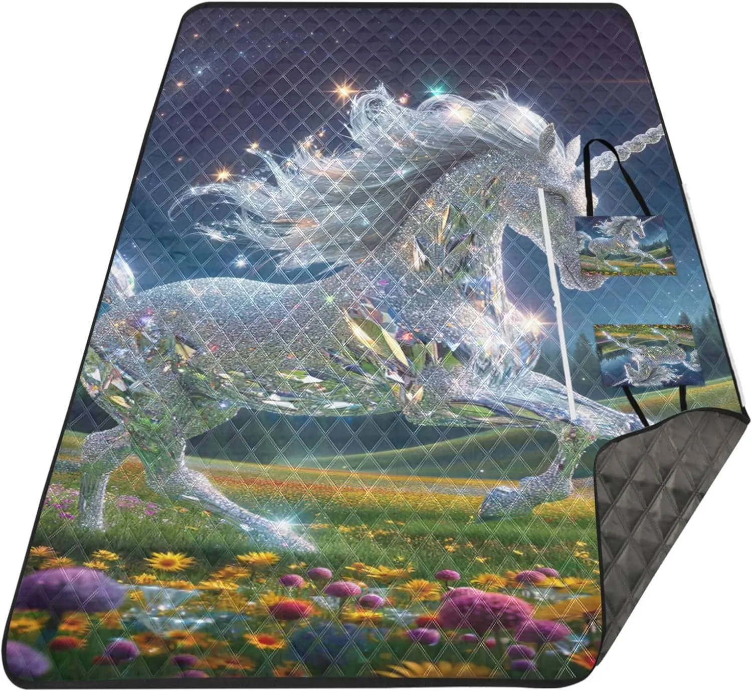 Diamond Unicorn Picnic Accessories Foldable Sand Blankets for Beach Sandproof Floral Outdoor Camping Mat 80" x 60"