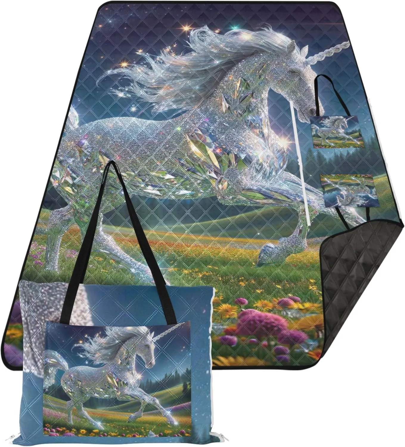 Diamond Unicorn Picnic Accessories Foldable Sand Blankets for Beach Sandproof Floral Outdoor Camping Mat 80" x 60"