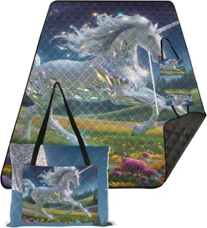 Diamond Unicorn Picnic Accessories Foldable Sand Blankets for Beach Sandproof Floral Outdoor Camping Mat 80" x 60"