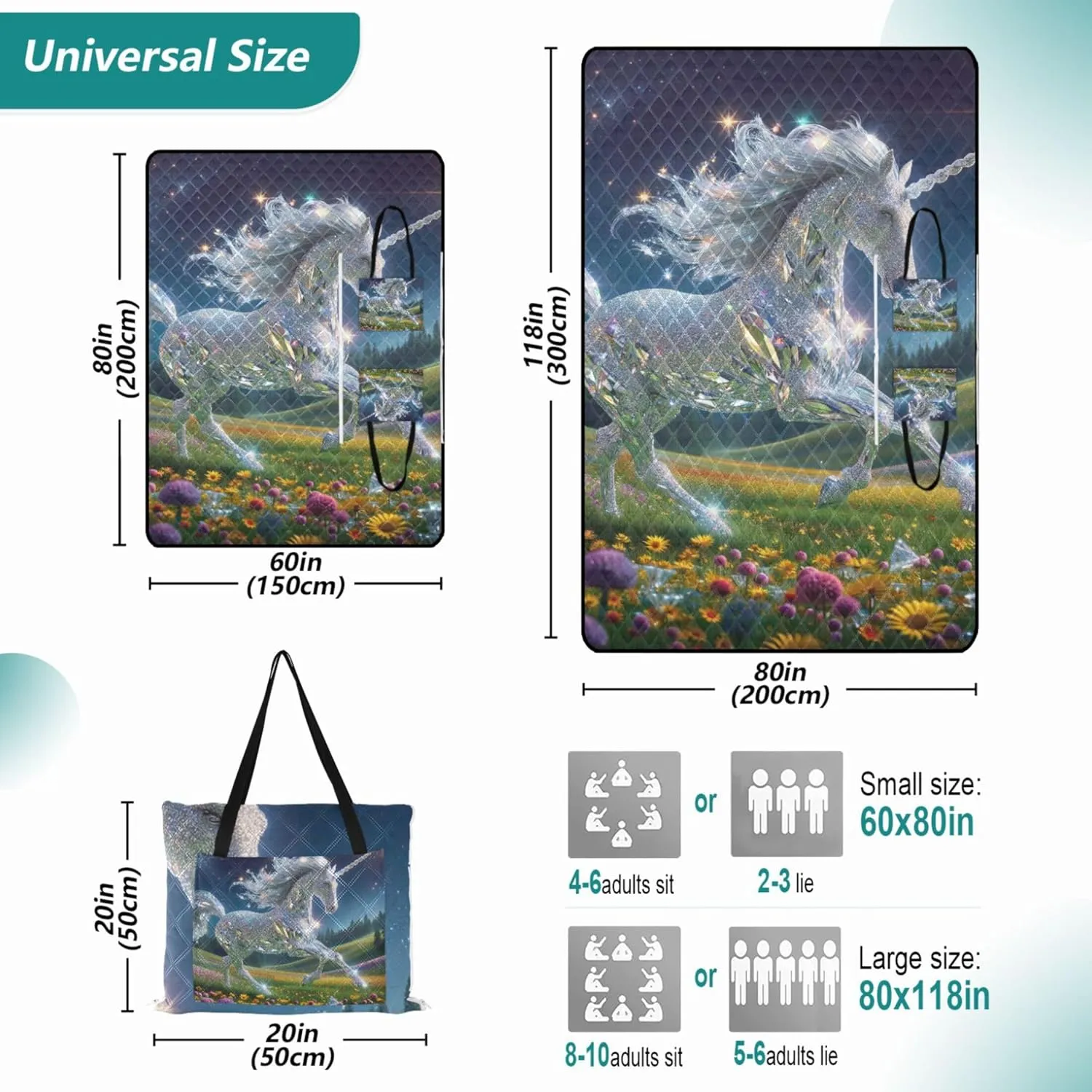 Diamond Unicorn Picnic Accessories Foldable Sand Blankets for Beach Sandproof Floral Outdoor Camping Mat 80" x 60"