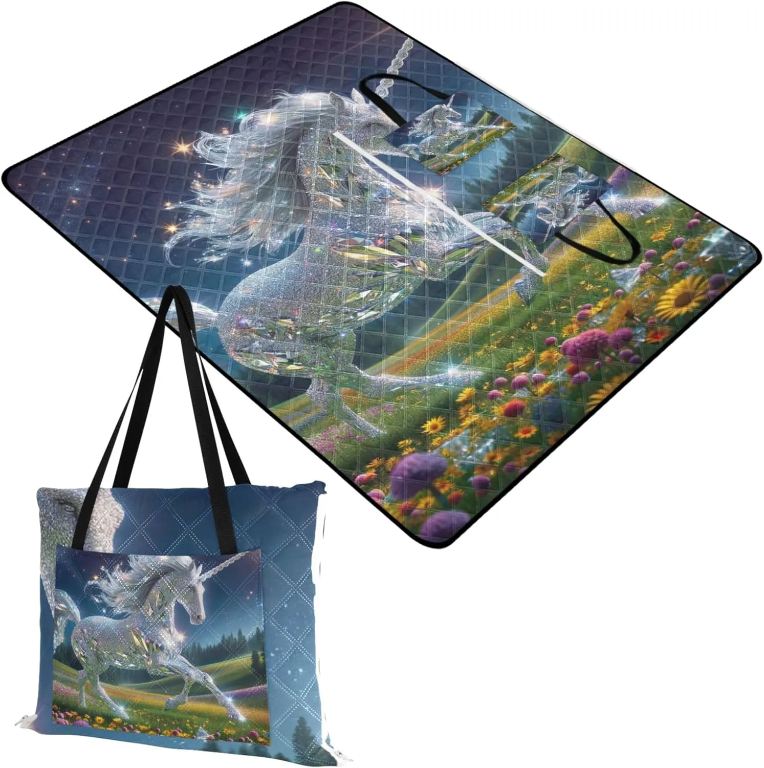 Diamond Unicorn Picnic Accessories Foldable Sand Blankets for Beach Sandproof Floral Outdoor Camping Mat 80" x 60"