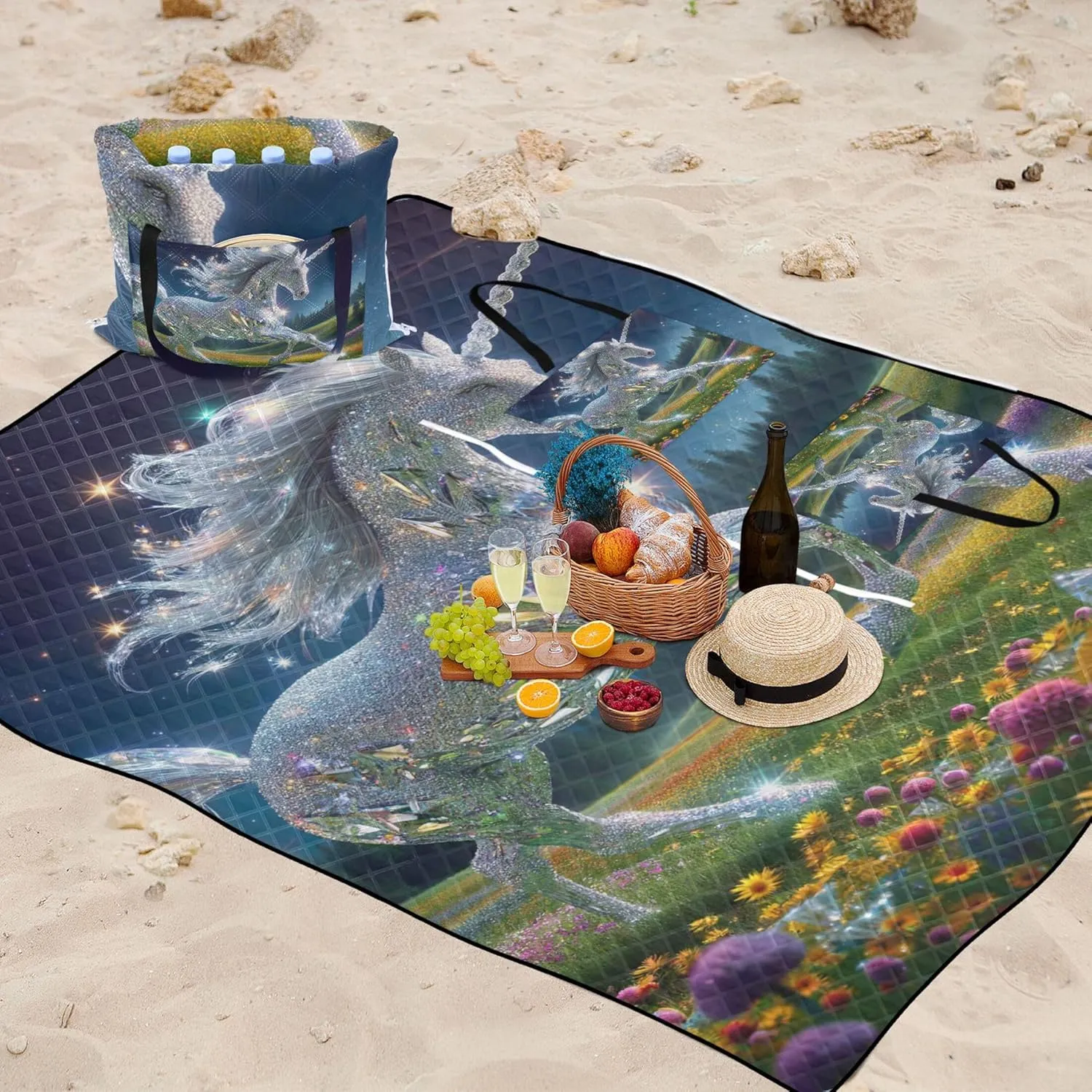 Diamond Unicorn Picnic Accessories Foldable Sand Blankets for Beach Sandproof Floral Outdoor Camping Mat 80" x 60"