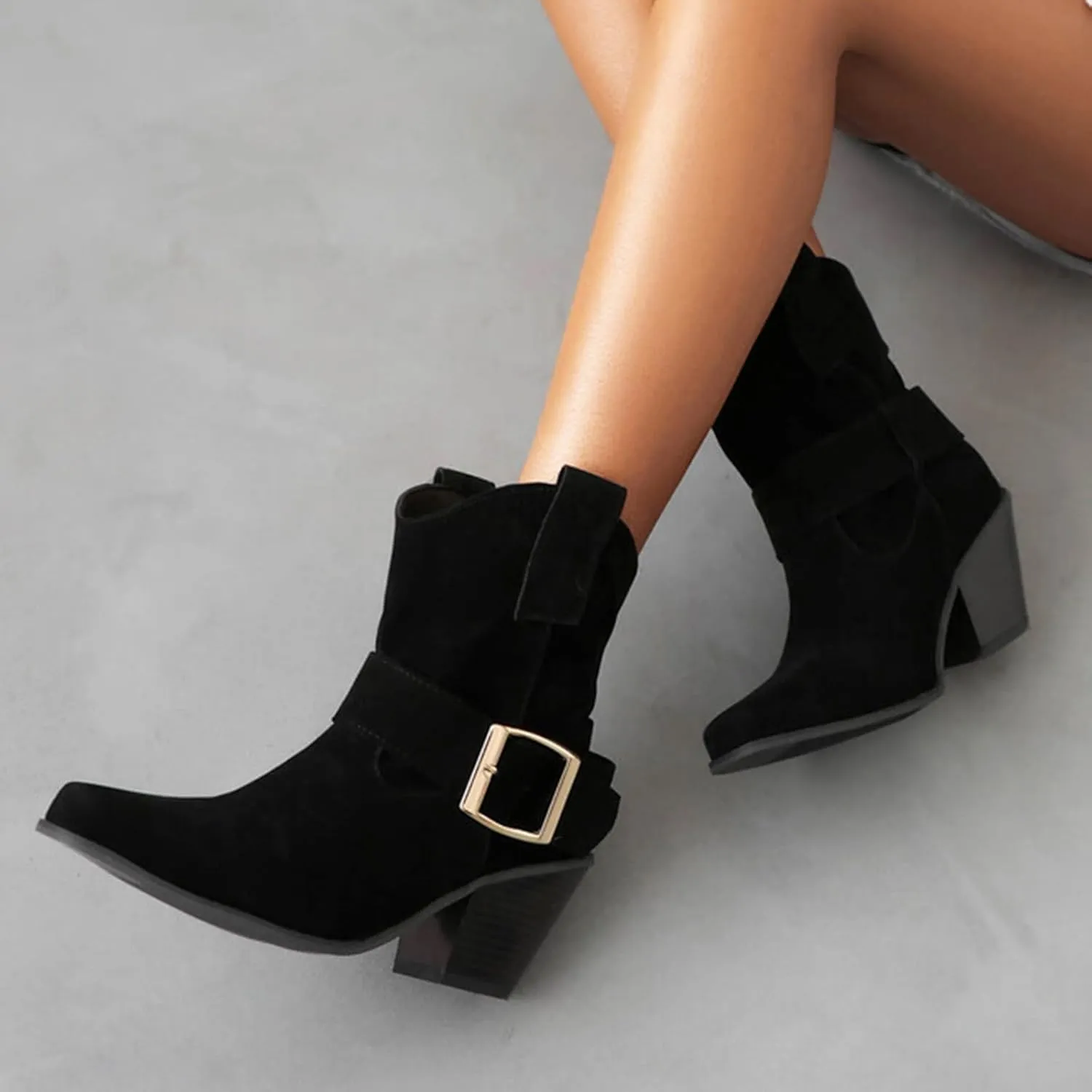 DIYCAM Women's Faux Suede Slouch Chunky Low Heel Boots Buckle Strap Faux Suede Mid Calf Boots Classic Stacked Heel Adjustable Ankle Straps with Buckle