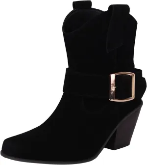 DIYCAM Women's Faux Suede Slouch Chunky Low Heel Boots Buckle Strap Faux Suede Mid Calf Boots Classic Stacked Heel Adjustable Ankle Straps with Buckle