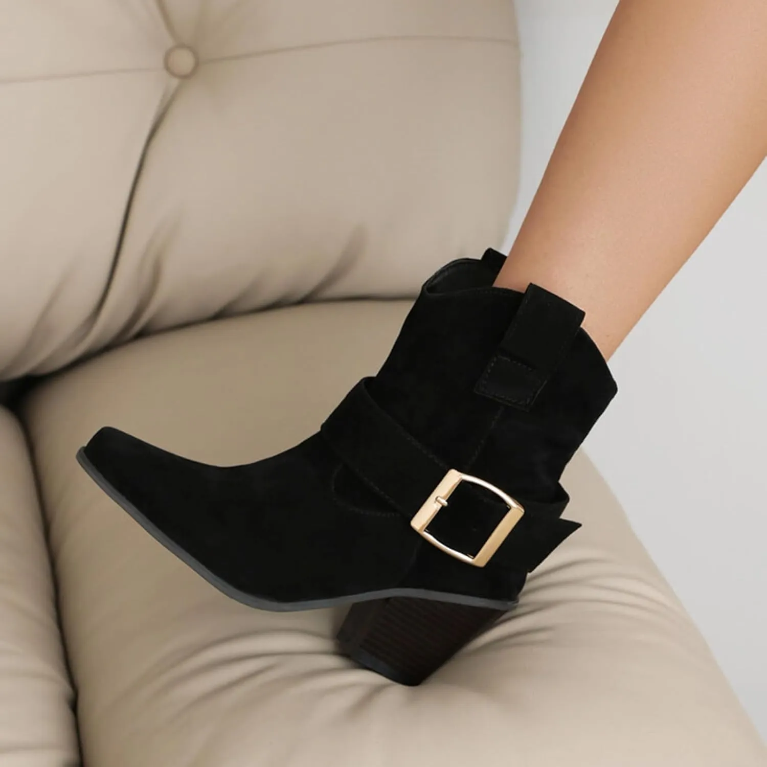 DIYCAM Women's Faux Suede Slouch Chunky Low Heel Boots Buckle Strap Faux Suede Mid Calf Boots Classic Stacked Heel Adjustable Ankle Straps with Buckle