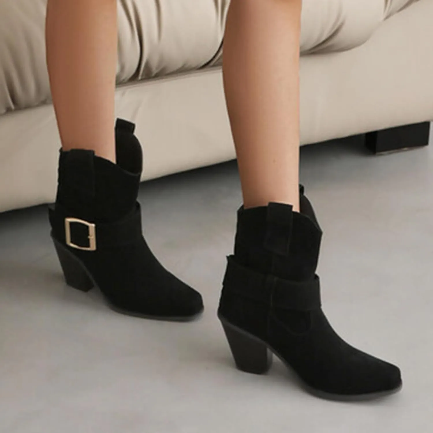 DIYCAM Women's Faux Suede Slouch Chunky Low Heel Boots Buckle Strap Faux Suede Mid Calf Boots Classic Stacked Heel Adjustable Ankle Straps with Buckle