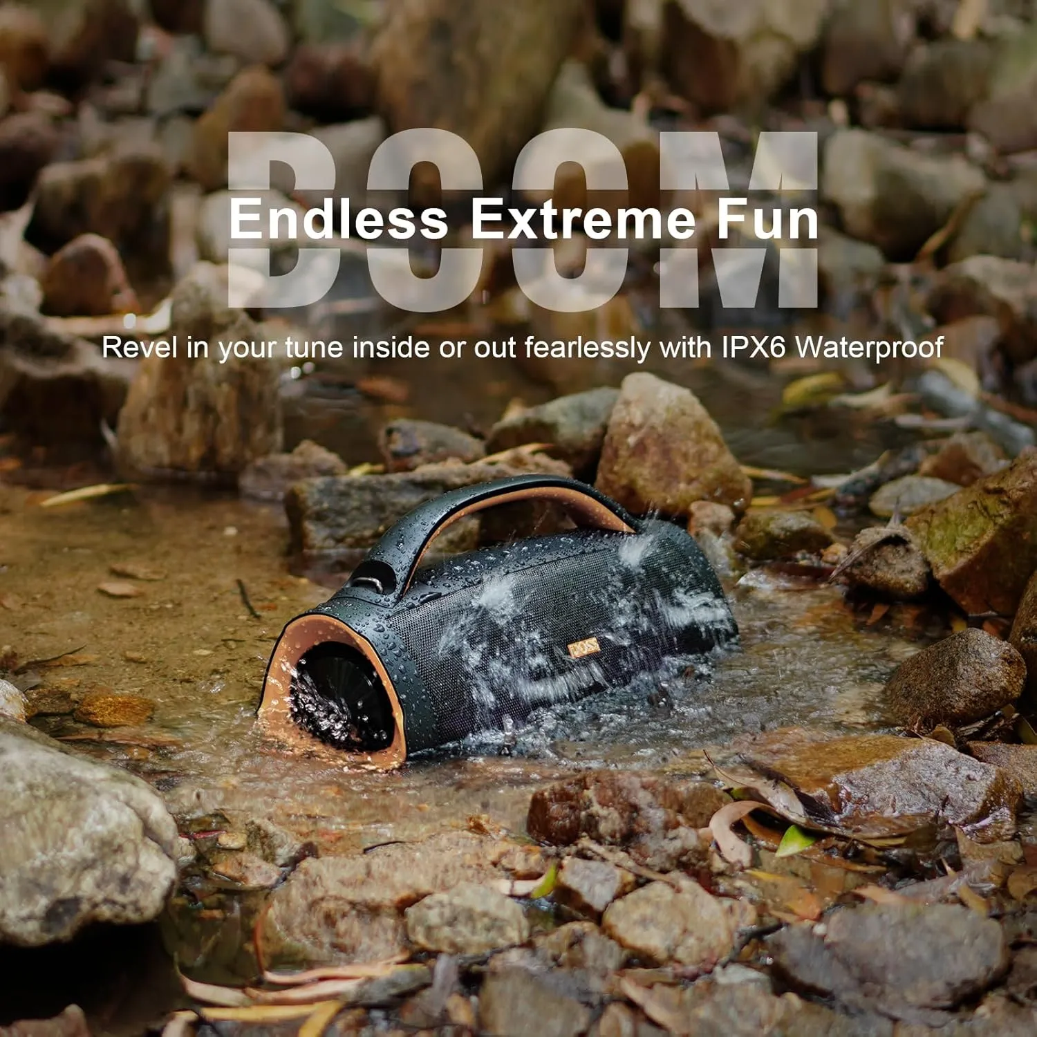 DOSS Extreme Boom  Loud Bluetooth Speaker with 100W Stereo Sound, Extra Bass, 20H Playtime, Party-Sync Led Lights, Built-in Power Bank, IPX6 Waterproof Outdoor Speaker for Camping, Travel-Copper Gold