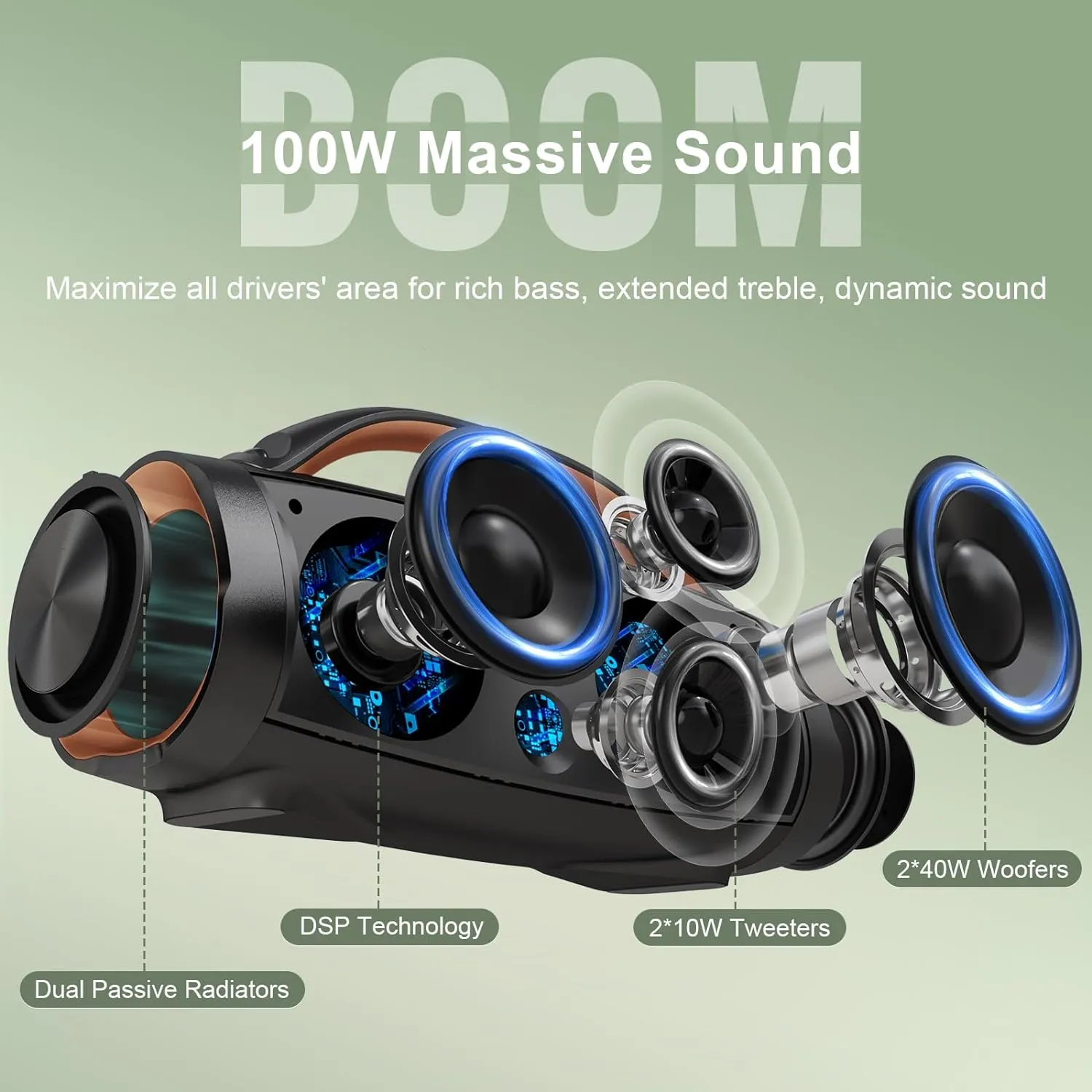 DOSS Extreme Boom  Loud Bluetooth Speaker with 100W Stereo Sound, Extra Bass, 20H Playtime, Party-Sync Led Lights, Built-in Power Bank, IPX6 Waterproof Outdoor Speaker for Camping, Travel-Copper Gold