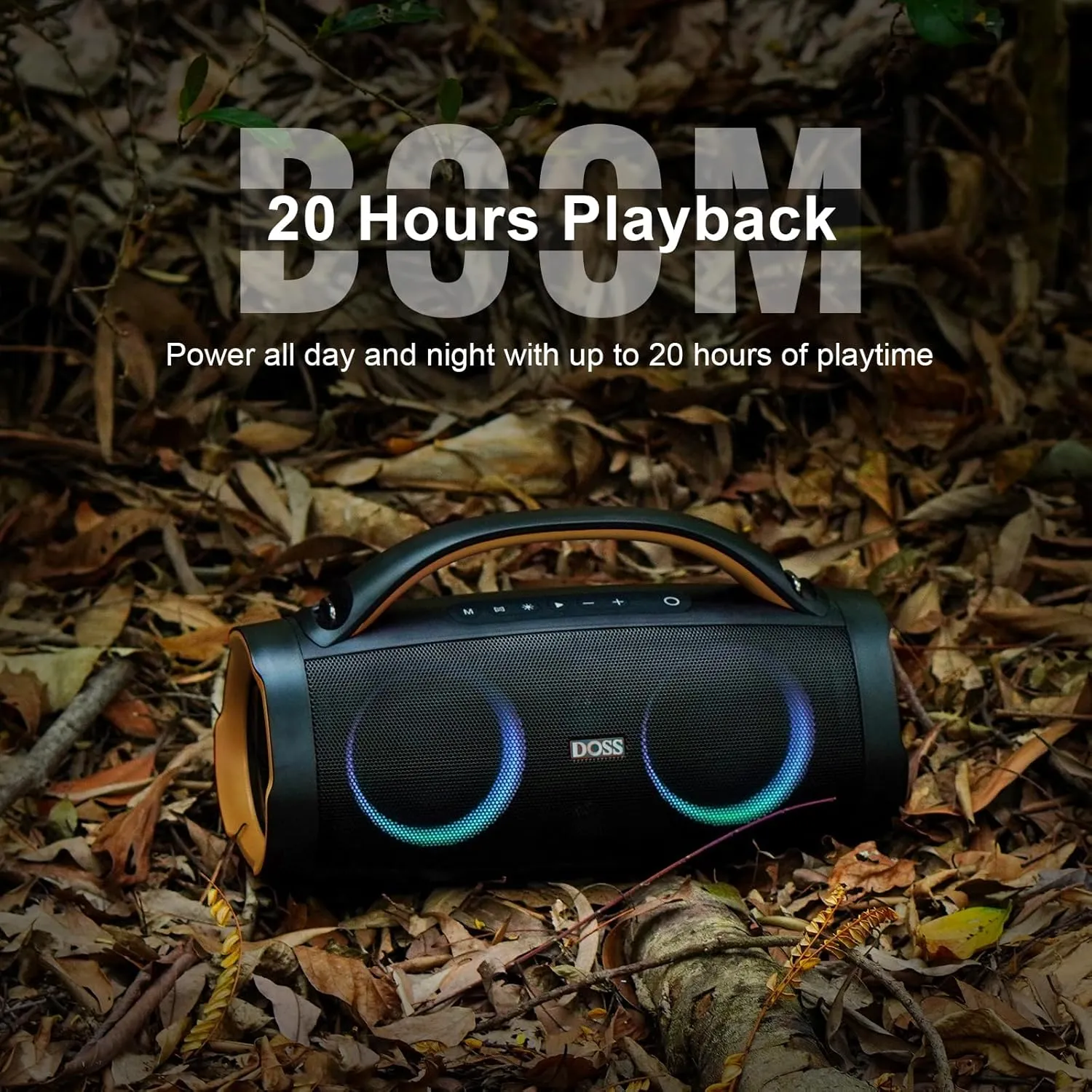 DOSS Extreme Boom  Loud Bluetooth Speaker with 100W Stereo Sound, Extra Bass, 20H Playtime, Party-Sync Led Lights, Built-in Power Bank, IPX6 Waterproof Outdoor Speaker for Camping, Travel-Copper Gold