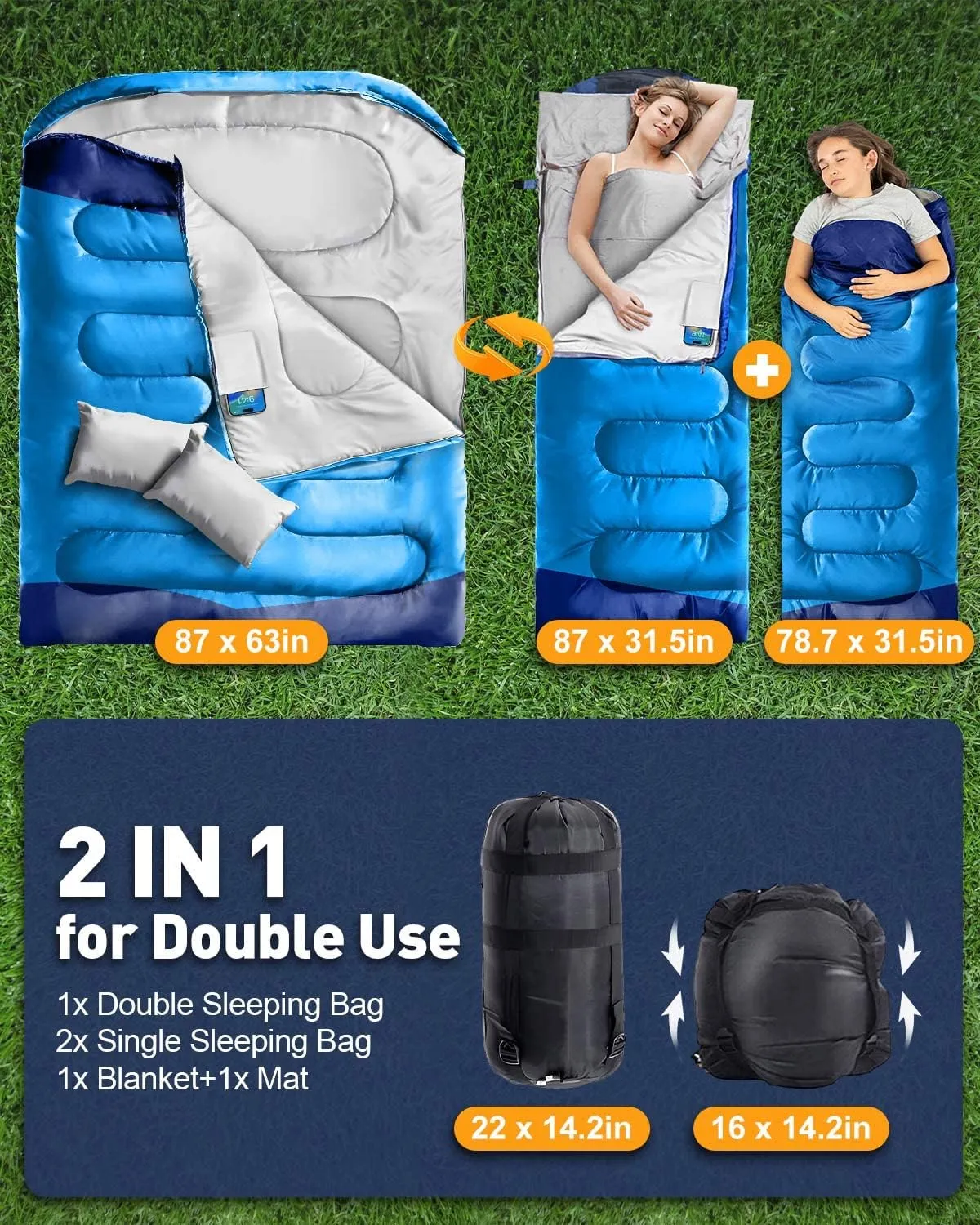 Double Sleeping Bag, XL Queen Size Two Person Sleeping Bag with Pillow, Youth Sleeping Bag for Cold/Warm Weather with Internal Pocket, Camping Sleeping Bag for Adult Mens Hiking/Backpacking Outdoor