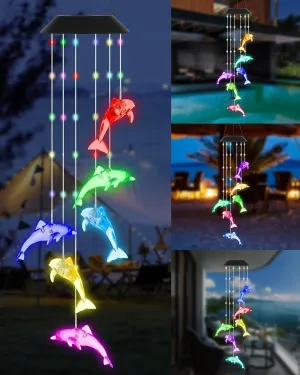 DOUBLEZHE Solar Wind Chime for Outside, Color Changing Dolphin Wind Chime Outdoor, Mom Gifts for Mothers Day Grandma Gift, Unique Garden Decor Colorful Patio Yard Party Decoration