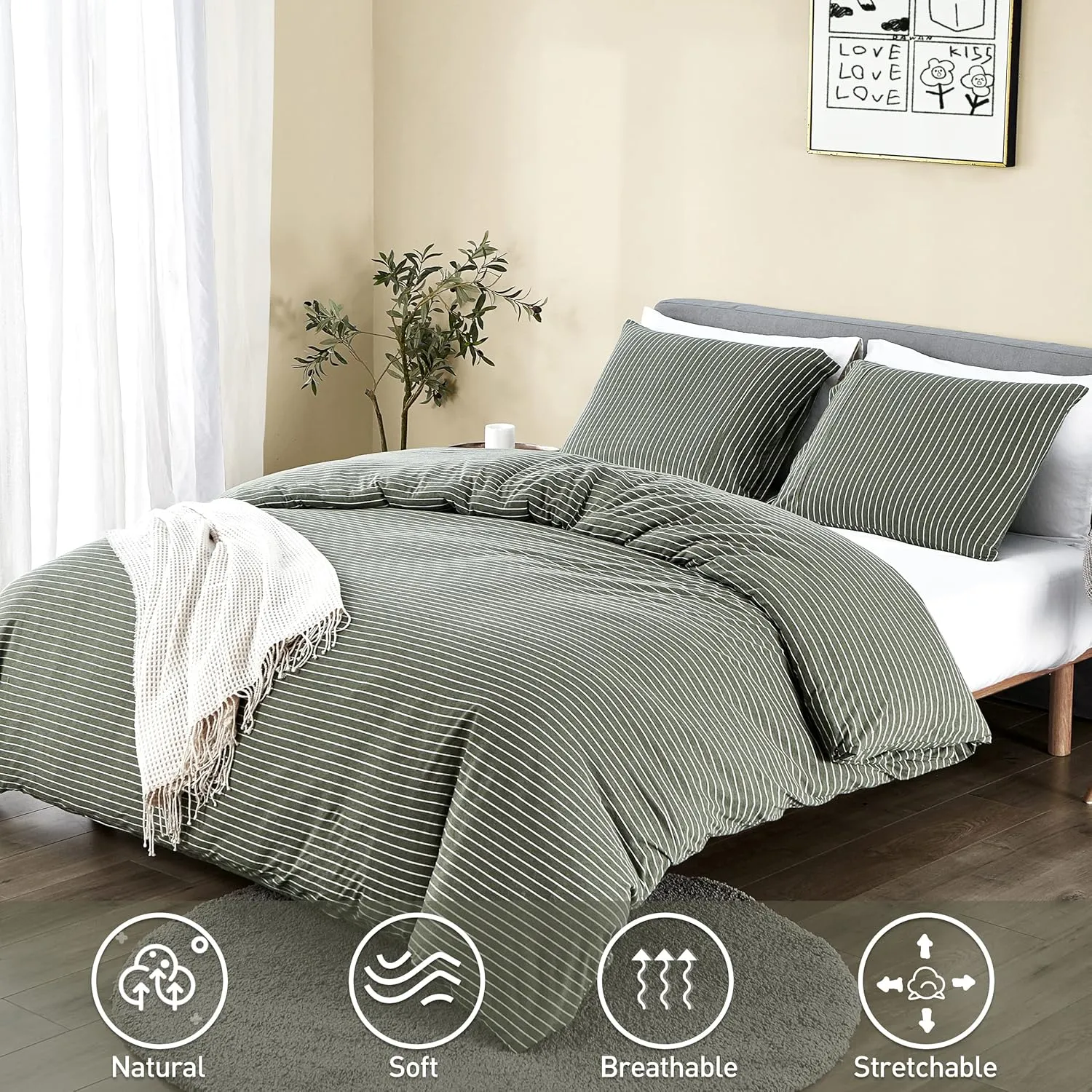 Dream Sunset 100% Cotton Jersey Knit Duvet Cover Set, Twin Size/Twin XL, Green White, Breathable and Super Soft touch, Skin Friendly Like T-Shirt , Zipper Closure ,1 Duvet Cover   1 Pillow case