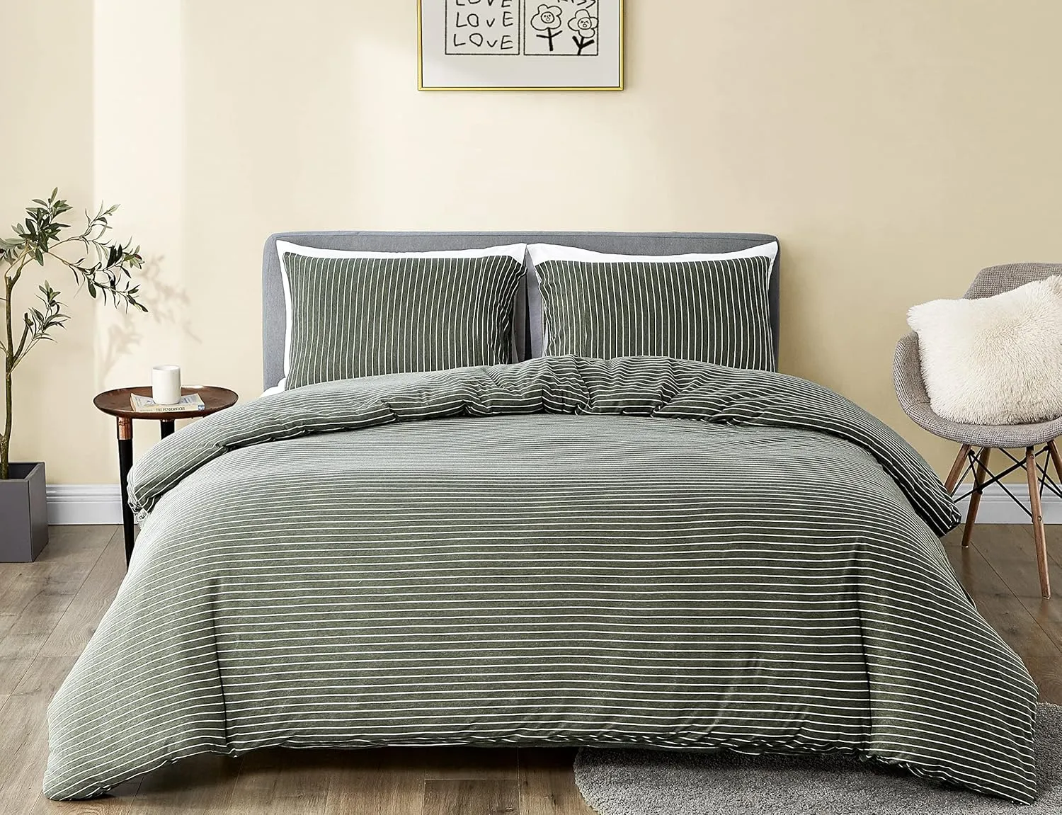 Dream Sunset 100% Cotton Jersey Knit Duvet Cover Set, Twin Size/Twin XL, Green White, Breathable and Super Soft touch, Skin Friendly Like T-Shirt , Zipper Closure ,1 Duvet Cover   1 Pillow case