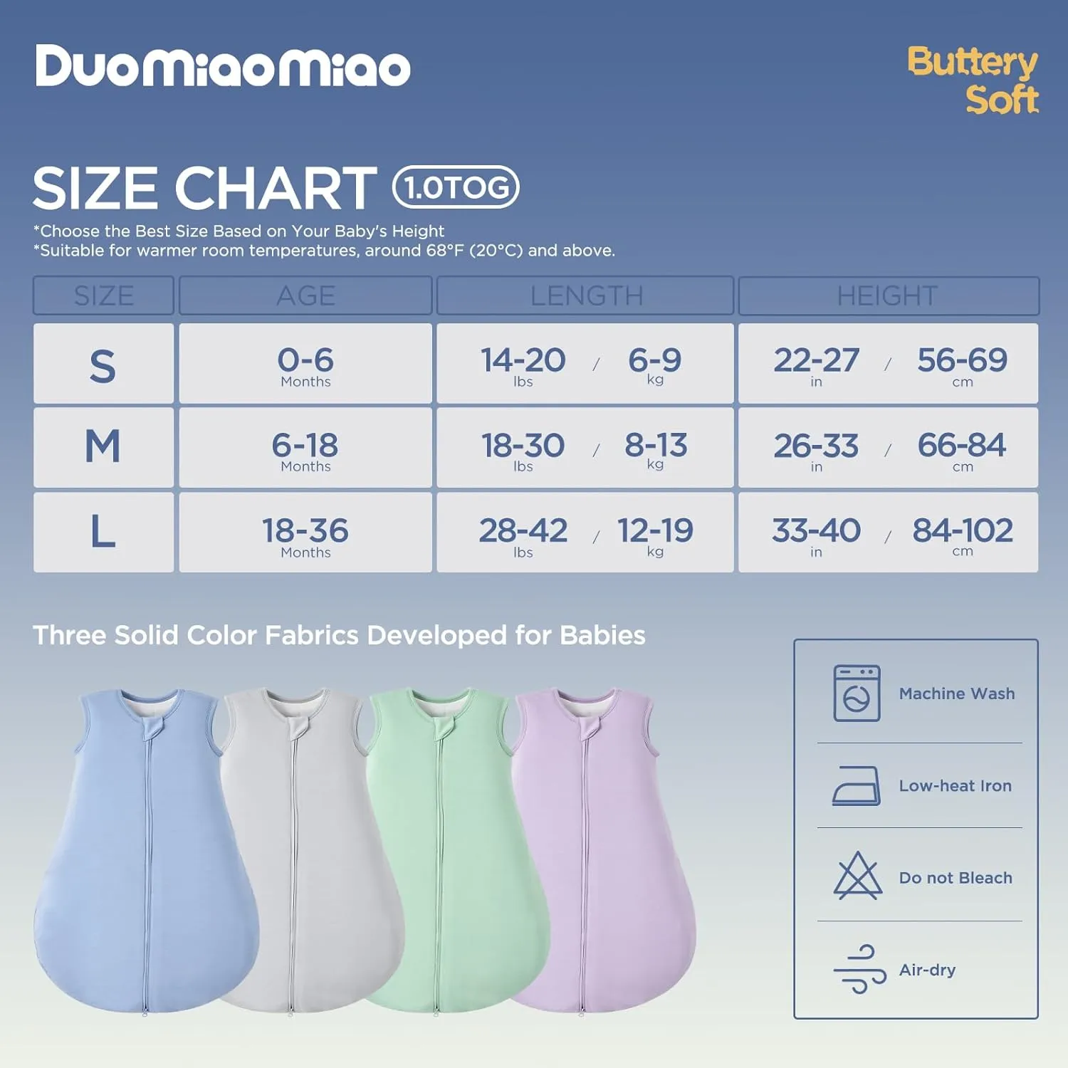 Duomiaomiao Buttery Soft Rayon Made from Bamboo Baby Sleep Sack 18-36 Months 1.0 TOG, Premium Baby Sleeping Bag 2-Way Zipper for Babies