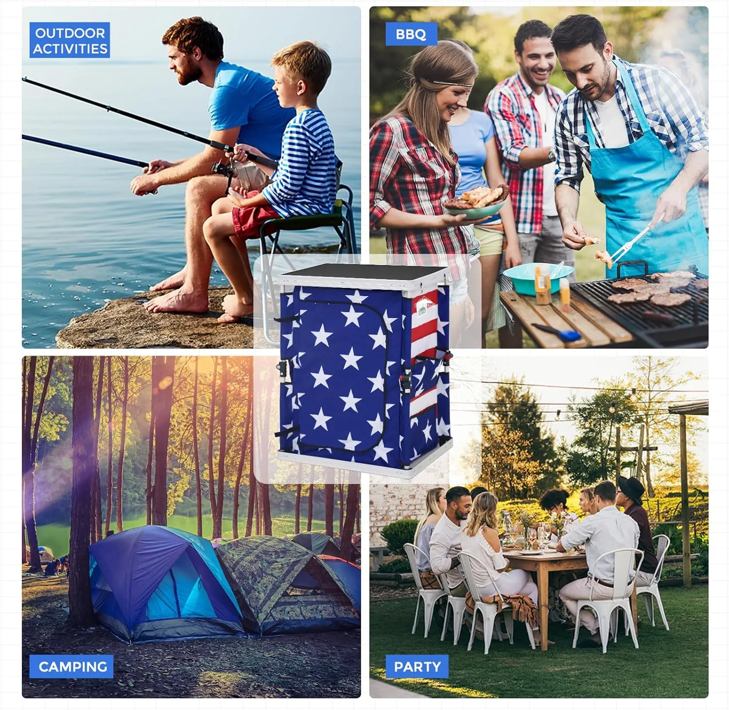 EAGLE PEAK Outdoor Folding Camping Table with Large 3-Tier Storage Organizer and Side Pockets, Easy Set Up Portable Aluminum Camping Kitchen, American Flag