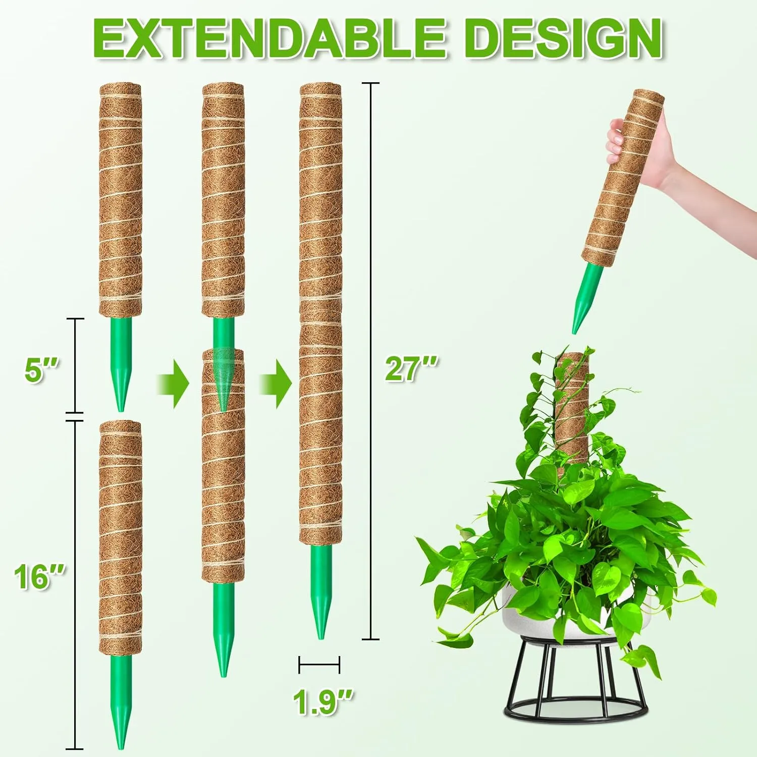EAONE Moss Pole 96 Inch, 6 Pack 16" Monstera Plant Support for Climbing Potted Live Plants Indoor, Stackable Coco Coir Moss Sticks Monstera Stakes for Pothos Philodendron, with Garden Labels & Ties