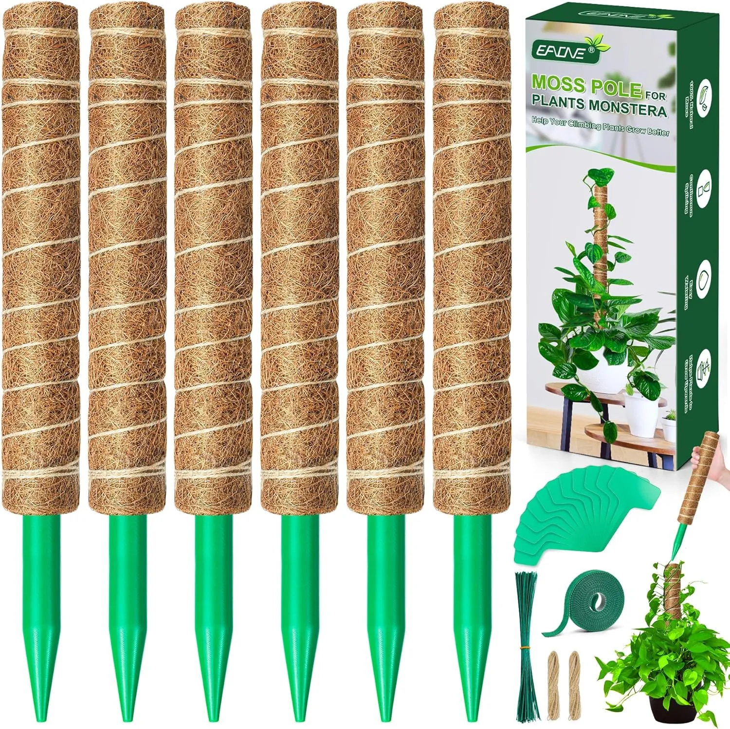 EAONE Moss Pole 96 Inch, 6 Pack 16" Monstera Plant Support for Climbing Potted Live Plants Indoor, Stackable Coco Coir Moss Sticks Monstera Stakes for Pothos Philodendron, with Garden Labels & Ties