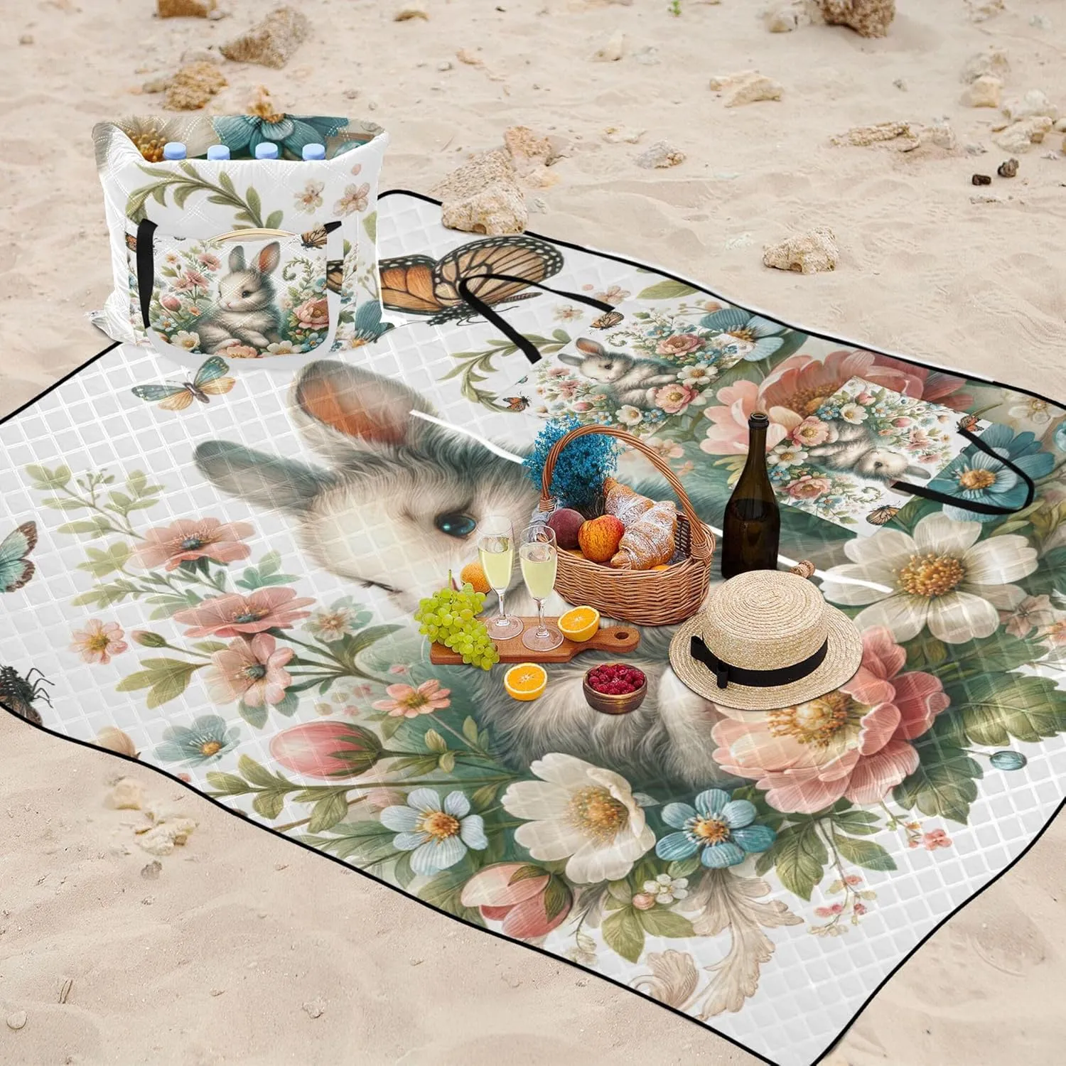 Easter Bunny Floral Sand Proof Beach Blanket Waterproof, Grass Blanket Camping Mat Foldable Picnic Mat Cute, 80" x 60"