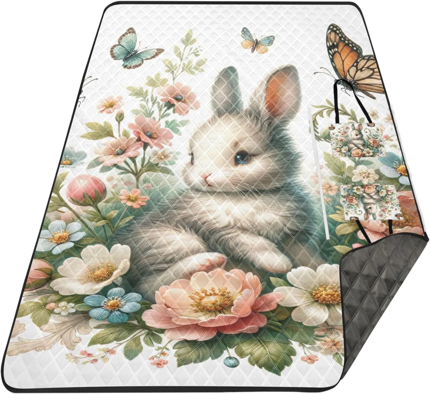 Easter Bunny Floral Sand Proof Beach Blanket Waterproof, Grass Blanket Camping Mat Foldable Picnic Mat Cute, 80" x 60"