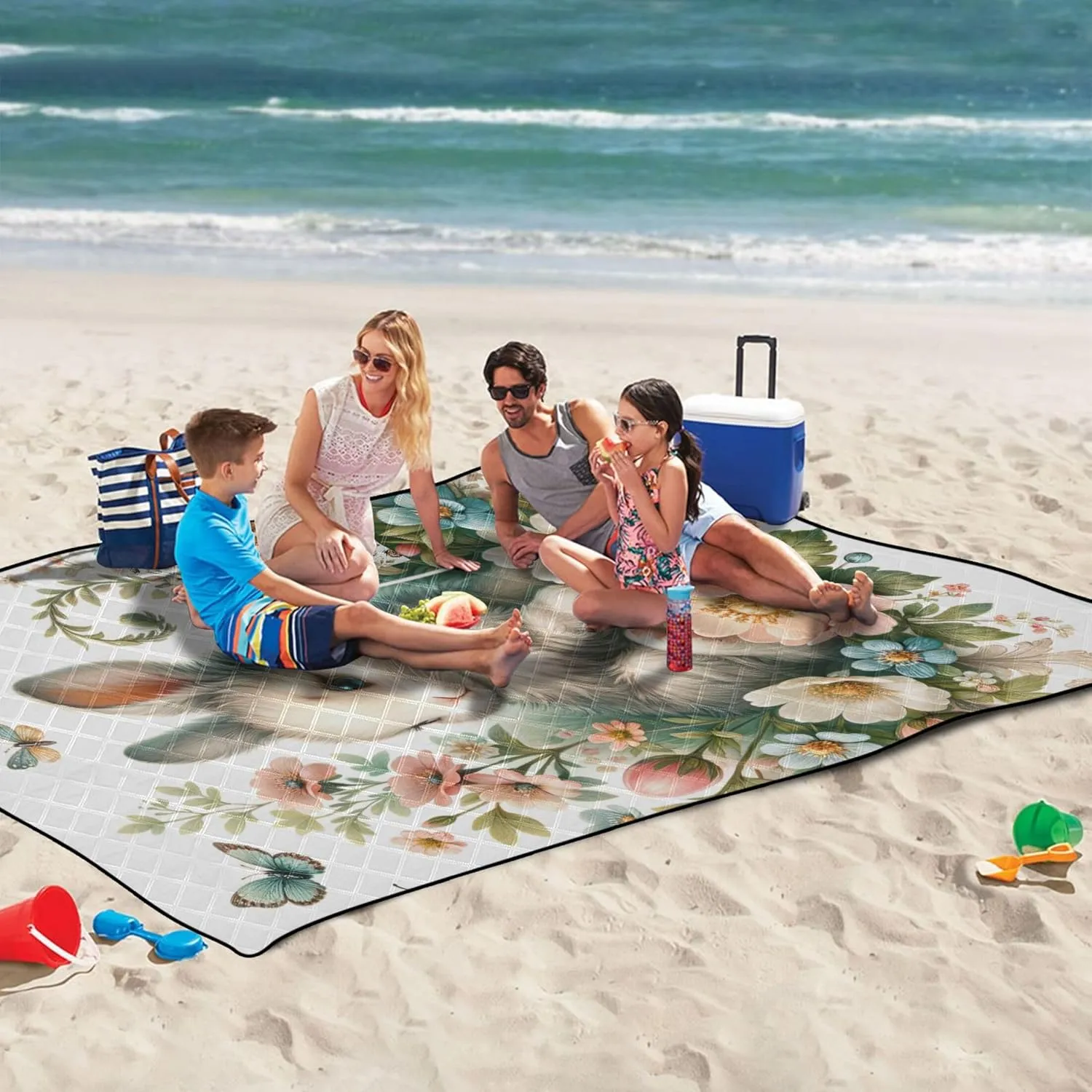 Easter Bunny Floral Sand Proof Beach Blanket Waterproof, Grass Blanket Camping Mat Foldable Picnic Mat Cute, 80" x 60"