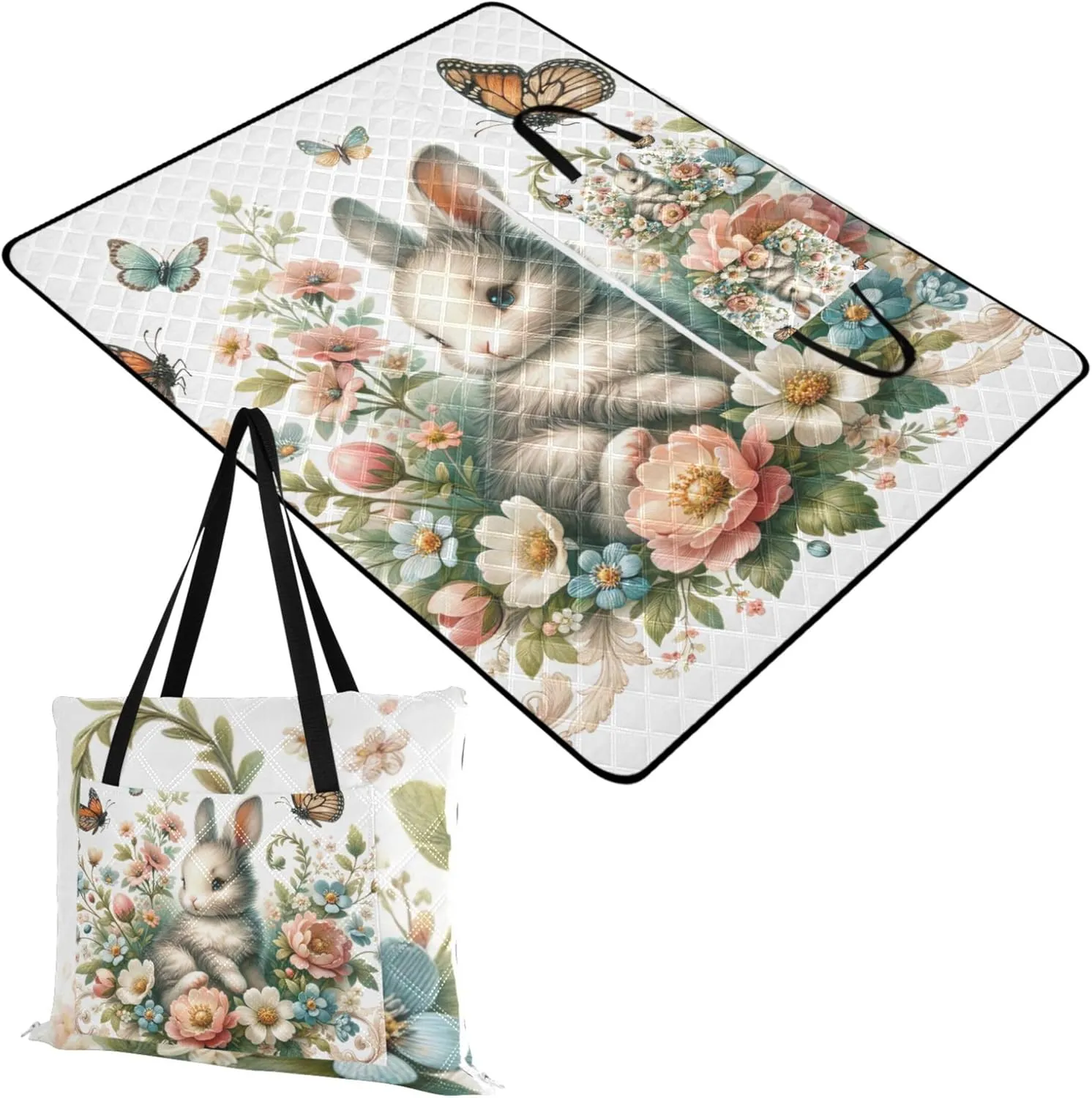 Easter Bunny Floral Sand Proof Beach Blanket Waterproof, Grass Blanket Camping Mat Foldable Picnic Mat Cute, 80" x 60"