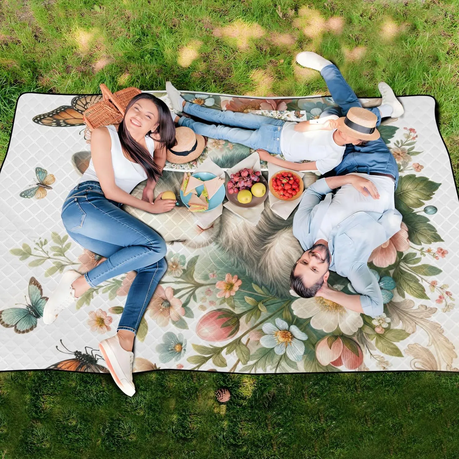 Easter Bunny Floral Sand Proof Beach Blanket Waterproof, Grass Blanket Camping Mat Foldable Picnic Mat Cute, 80" x 60"