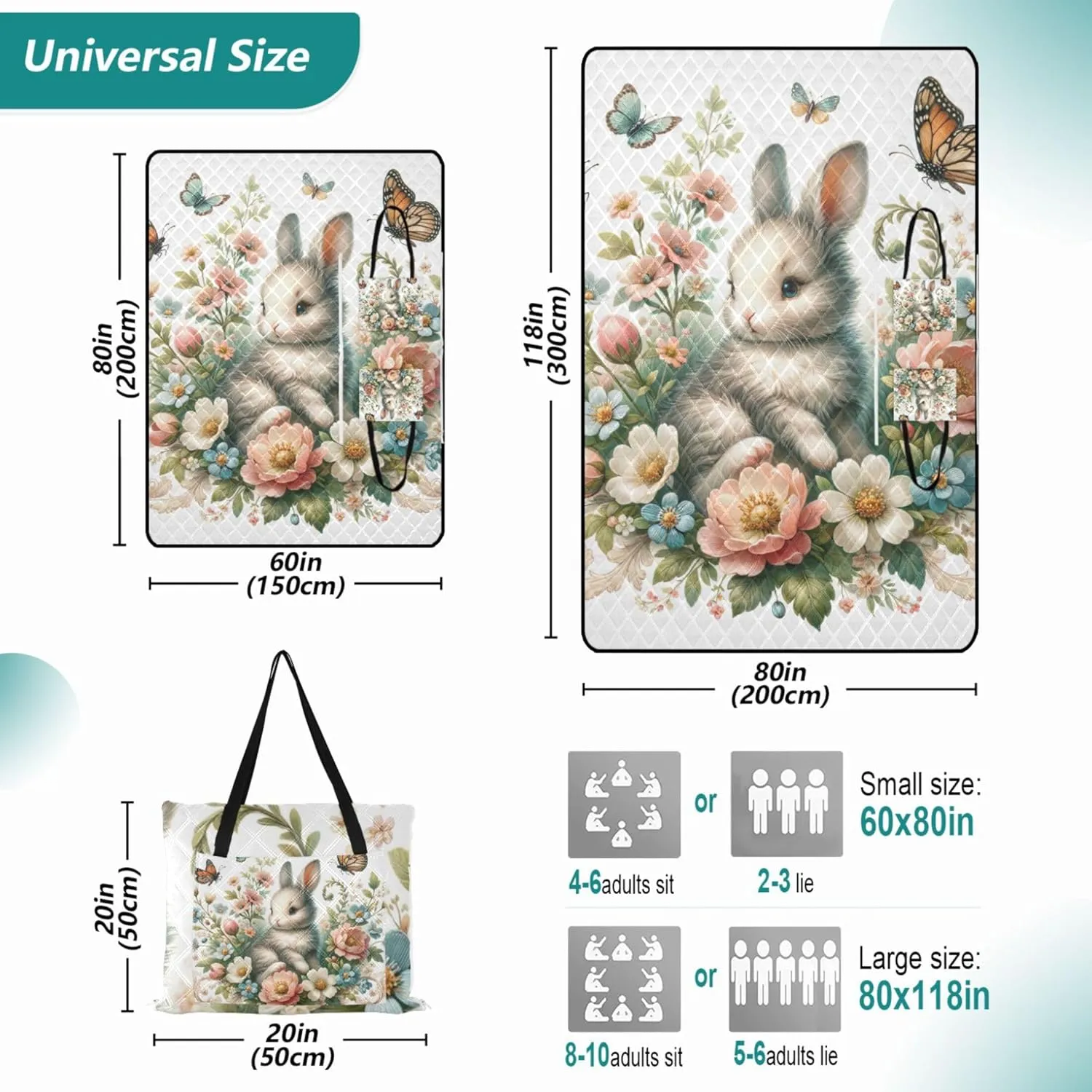 Easter Bunny Floral Sand Proof Beach Blanket Waterproof, Grass Blanket Camping Mat Foldable Picnic Mat Cute, 80" x 60"