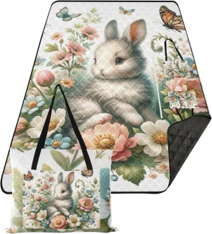 Easter Bunny Floral Sand Proof Beach Blanket Waterproof, Grass Blanket Camping Mat Foldable Picnic Mat Cute, 80" x 60"