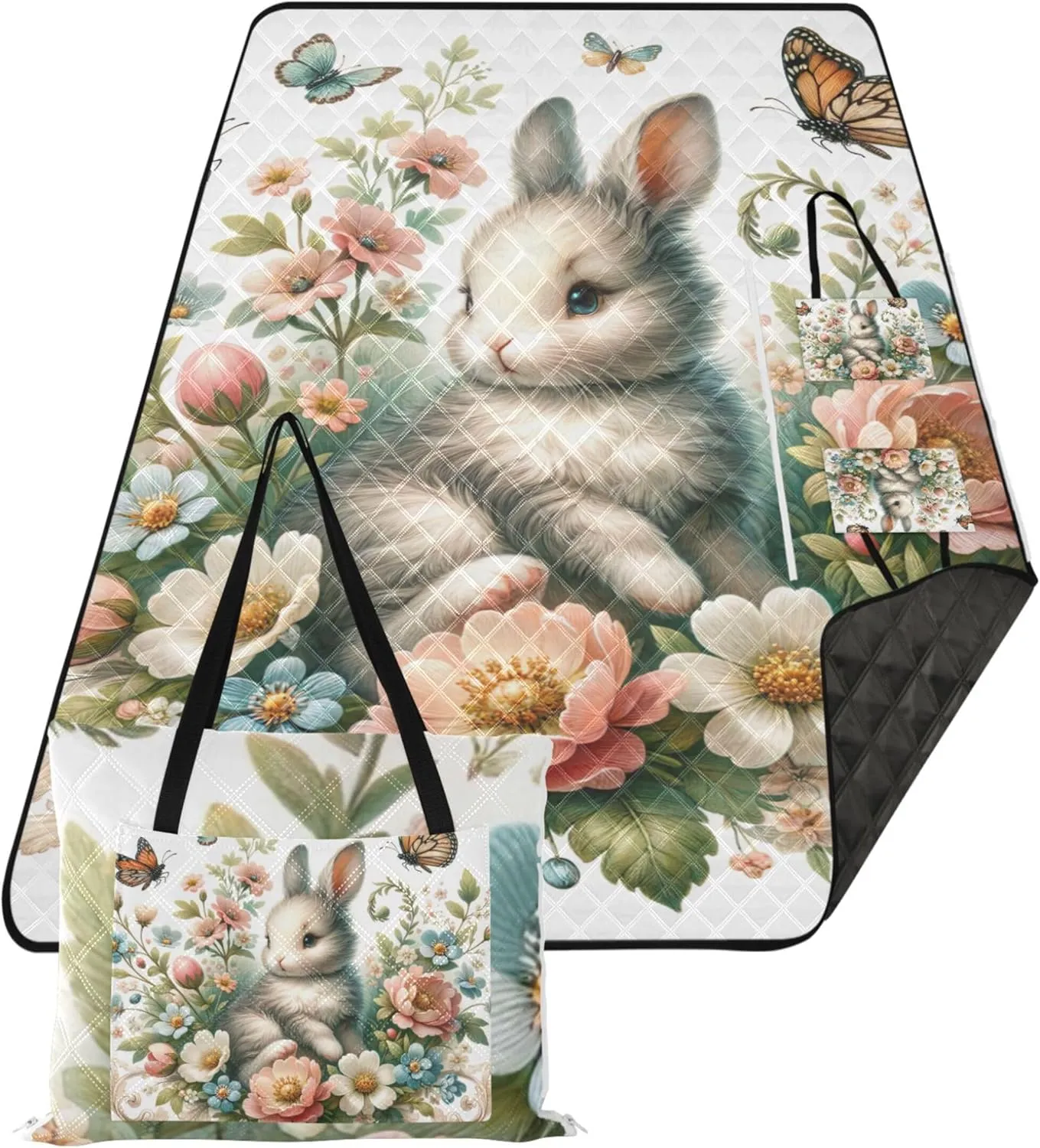 Easter Bunny Floral Sand Proof Beach Blanket Waterproof, Grass Blanket Camping Mat Foldable Picnic Mat Cute, 80" x 60"