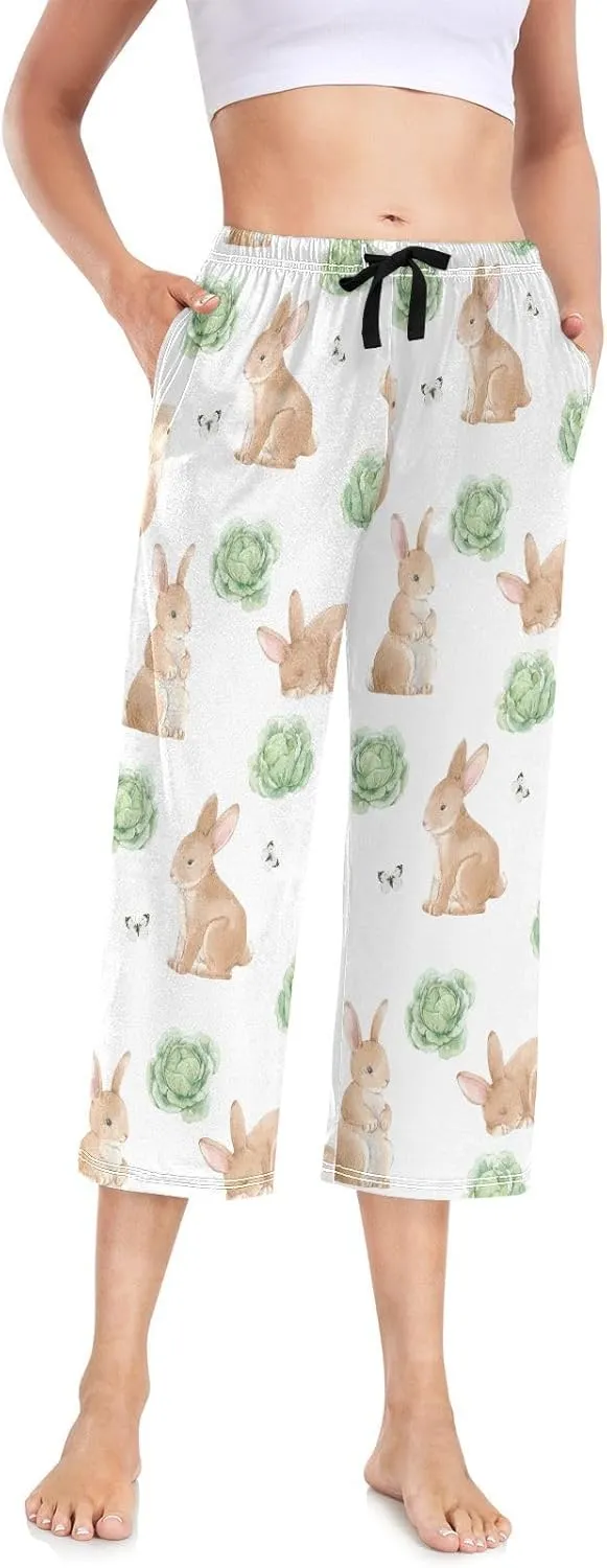 Easter Rabbits Cabbage Capri Pajama Pants for Women Wide Leg Comfy Yoga Bottoms Sweatpants M