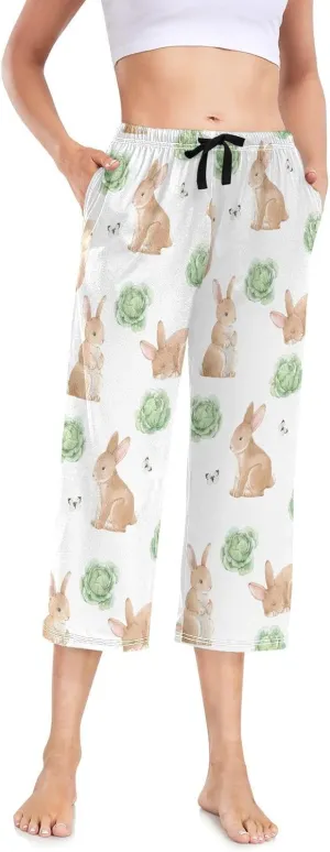 Easter Rabbits Cabbage Capri Pajama Pants for Women Wide Leg Comfy Yoga Bottoms Sweatpants M