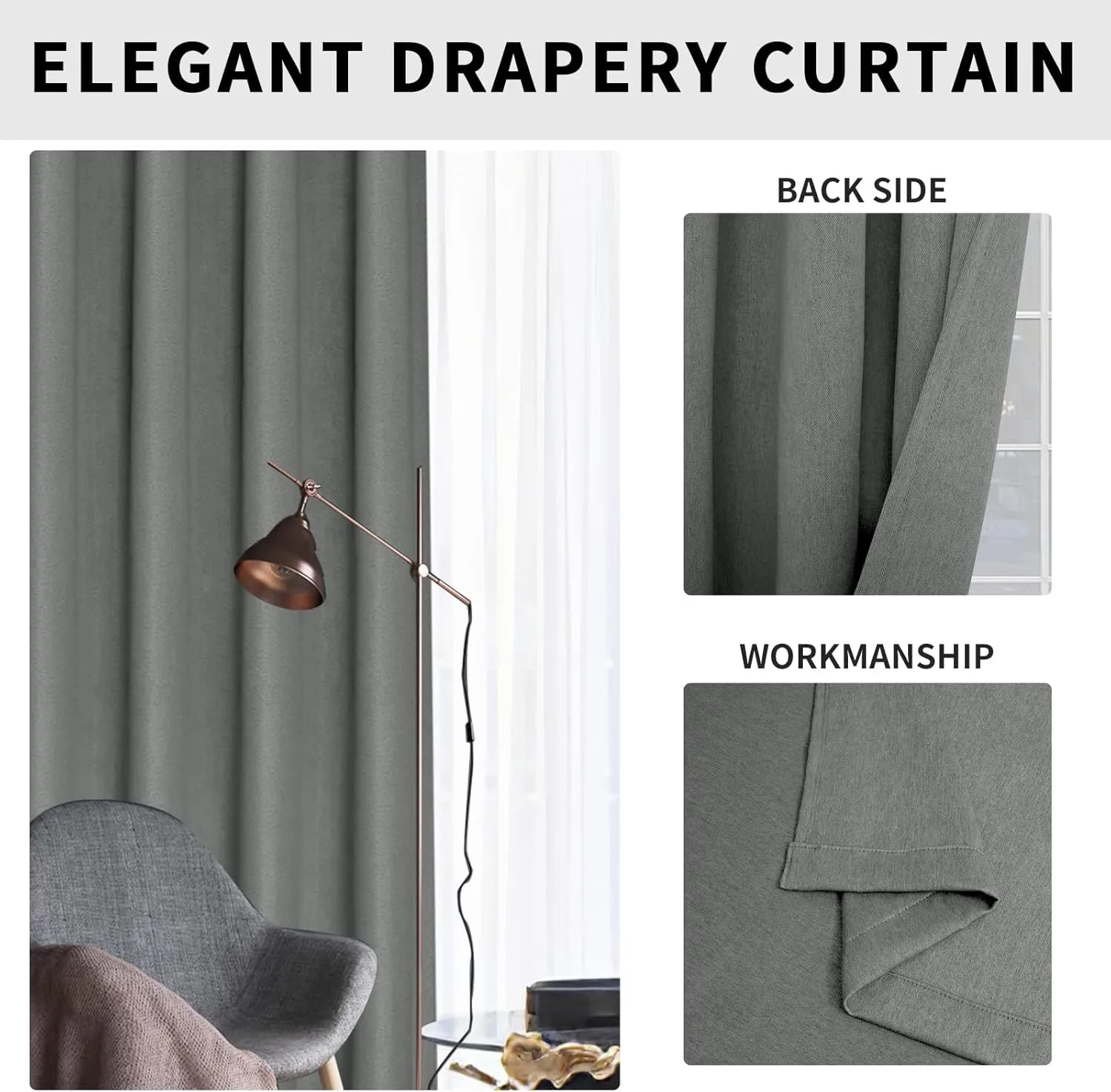Easy-Going Linen Look Blackout Curtain 84 Inch Length Grommet Window Curtain Drapes for Bedroom, Living Room Thermal Insulated Room Darkening (Set of 2 Panels, Gray)